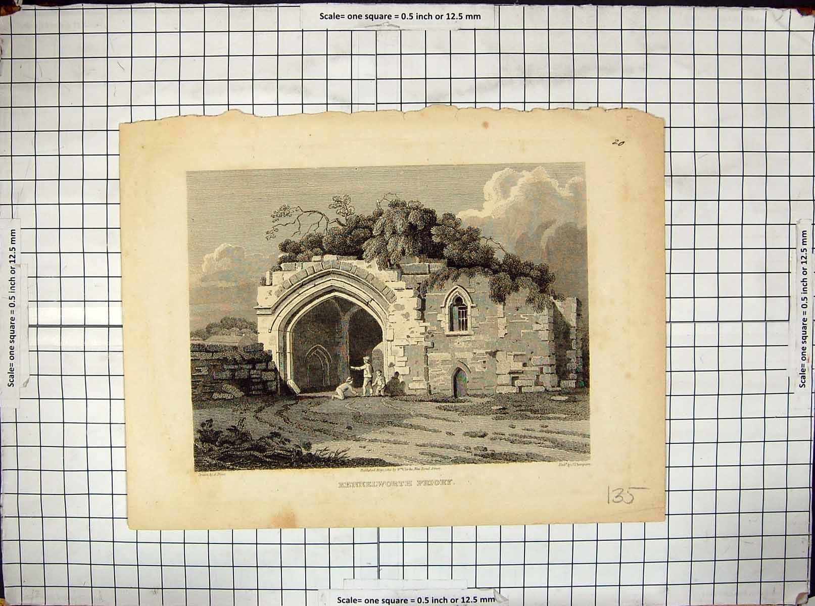 Original Old Antique Print 1810 Exterior Kenilworth Priory Engraving Thompson