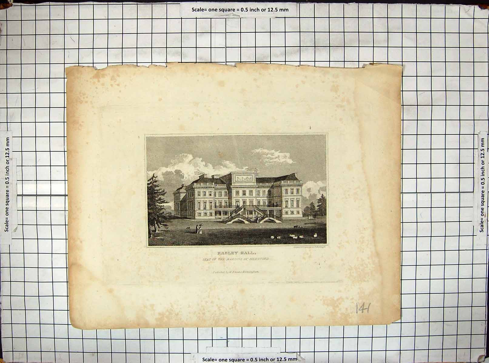 Antique Print Engraving Ragley Hall Marquis Hertford Radcliffe Architecture