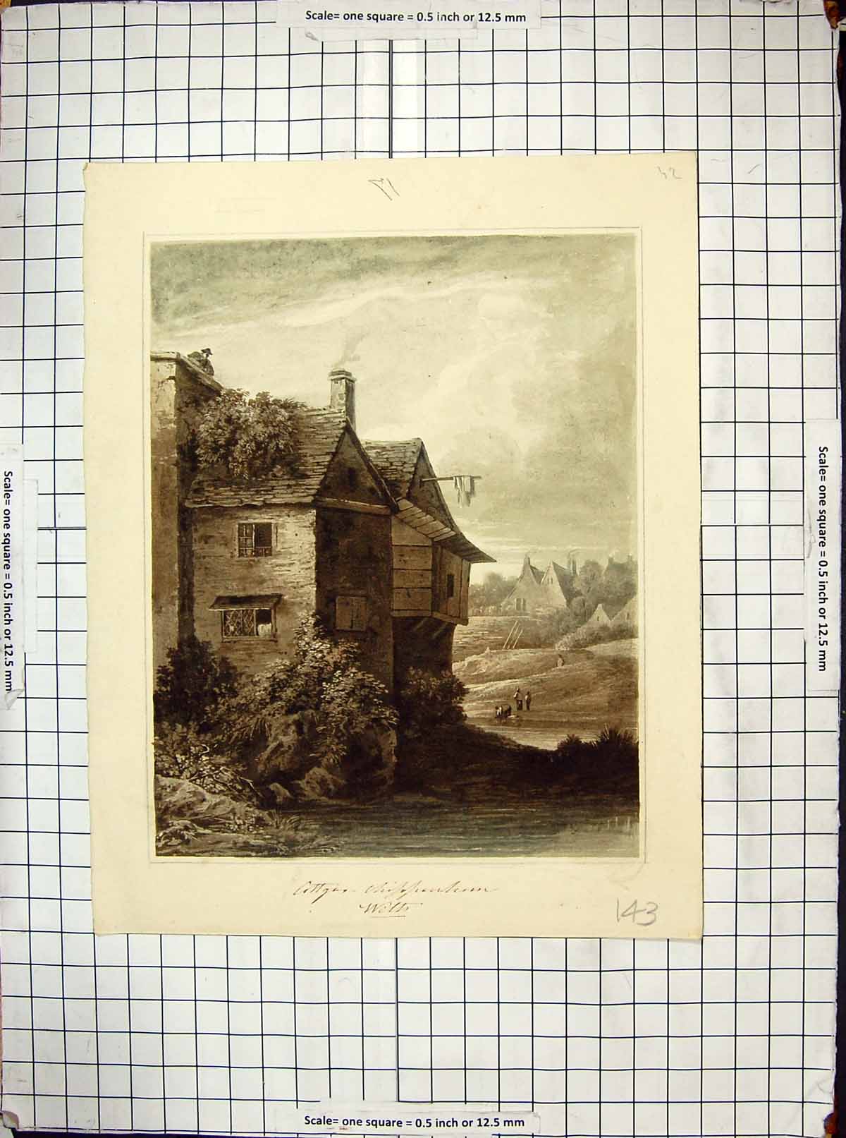 Original Old Antique Print Exterior Cottages Wiltshire Architecture