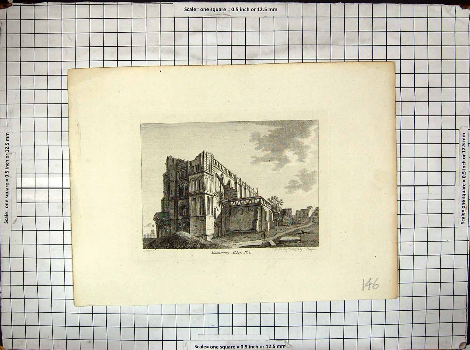 Antique Old Print Engraving Malmsbury Abbey Architecture 1785 Hooper Sparrow
