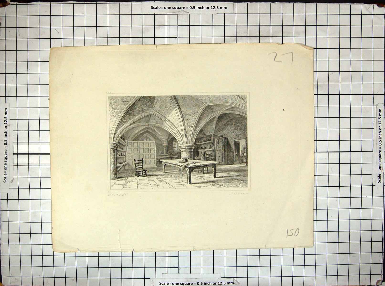 Original Old Antique Print Interior Architecture Engraving Carter House Table