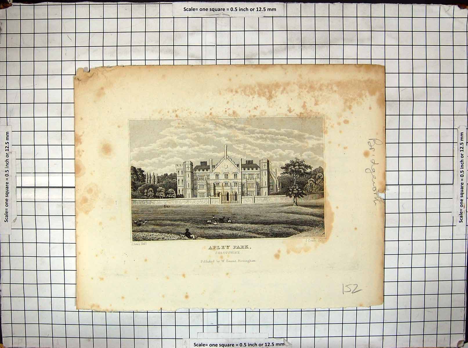 Antique Old Print Architecture Apley Park Shropshire Engraving Court Jones