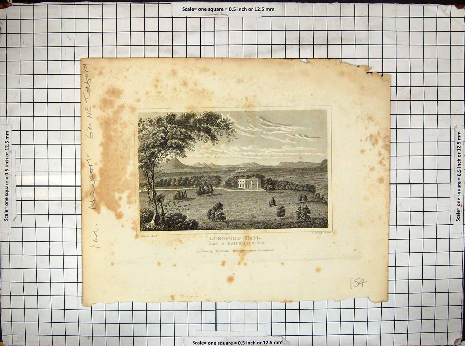 Antique Print Longford Hall Architecture Ralph Leek Calvert Shury Engraving