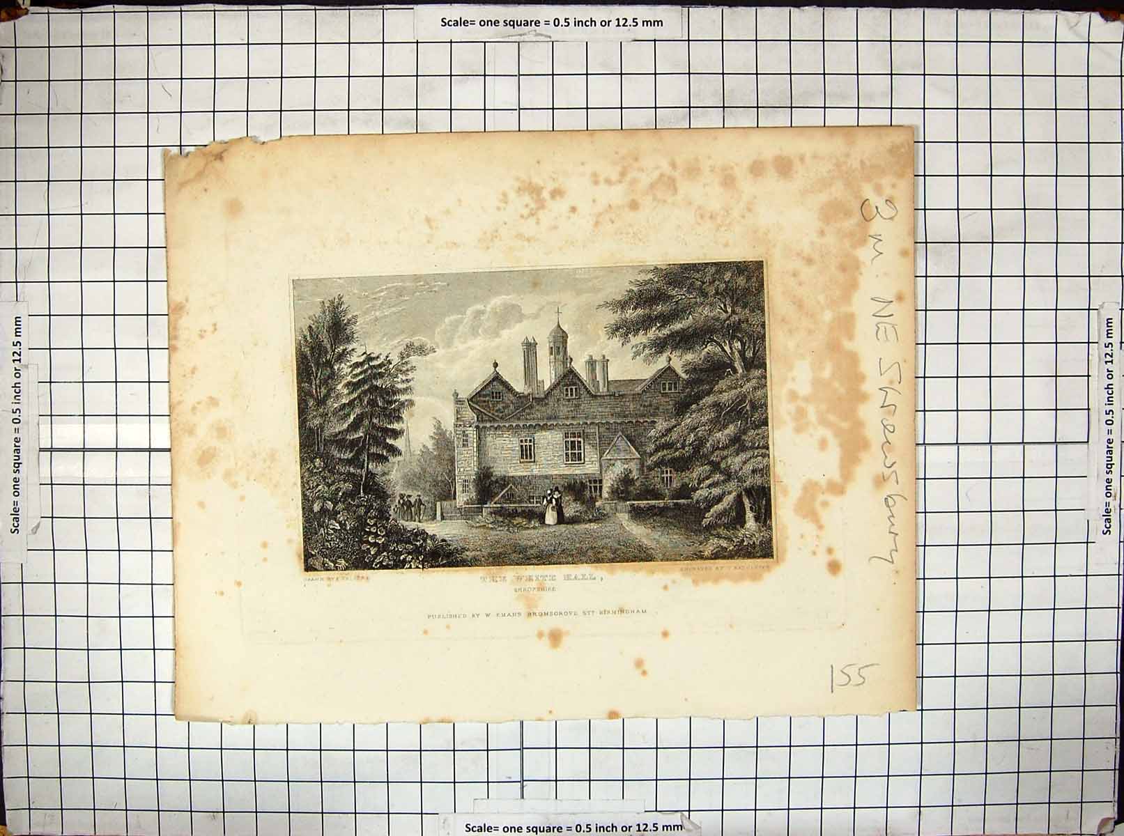 Old Print White Hall Shropshire Architecture Engraving Calvert Radclyffe
