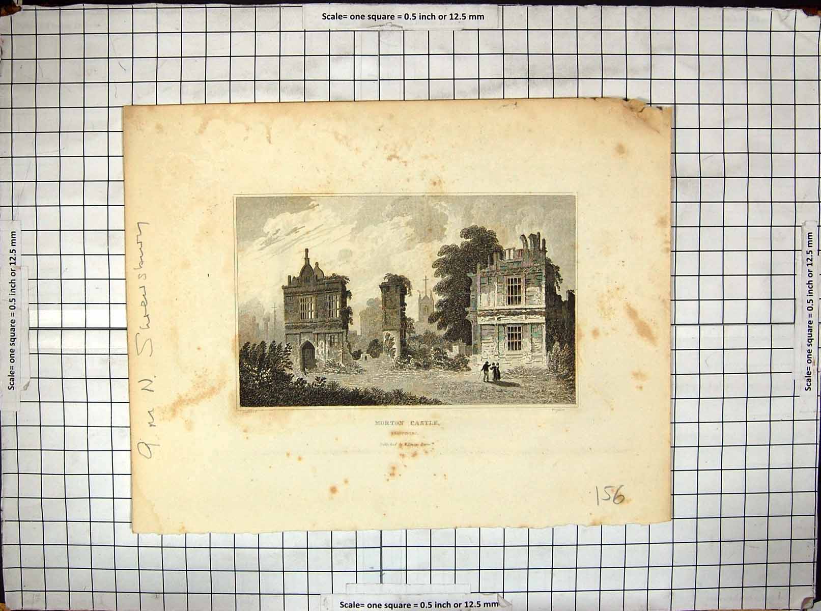 Antique Old Print Morton Castle Ruins Shropshire Engraving Wrighton Calvert
