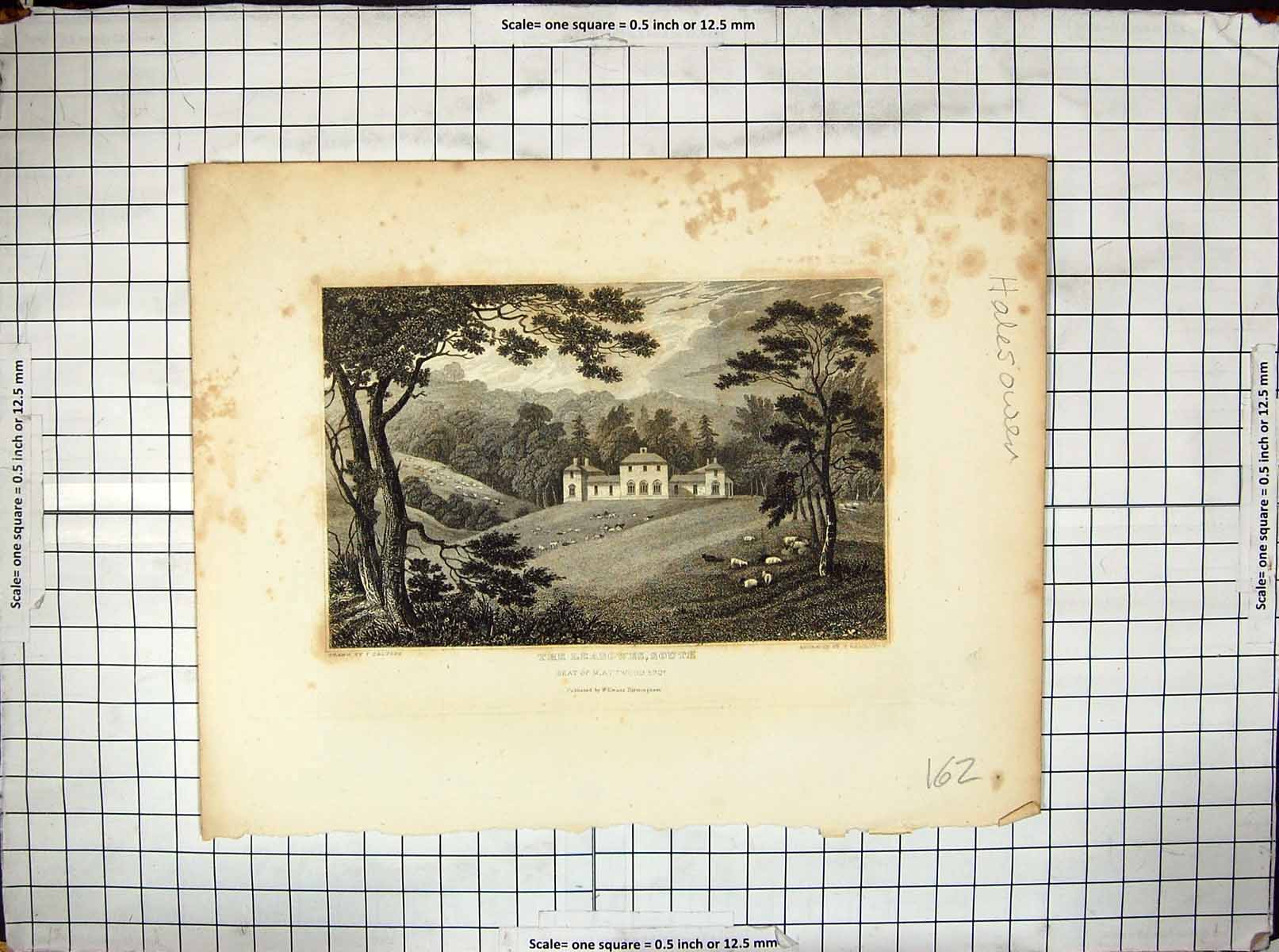 Antique Old Print Architecture Leasowes Mattwood Engraving Calvert Radclyffe