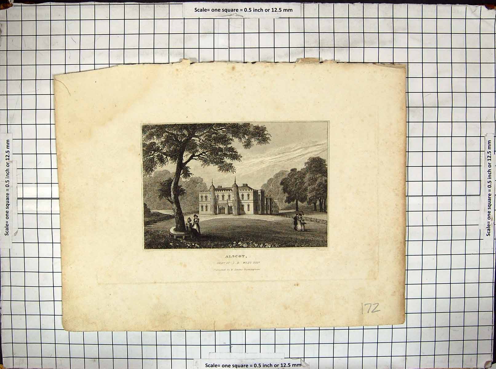 Original Old Antique Print View Alscot West Architecture Engraving
