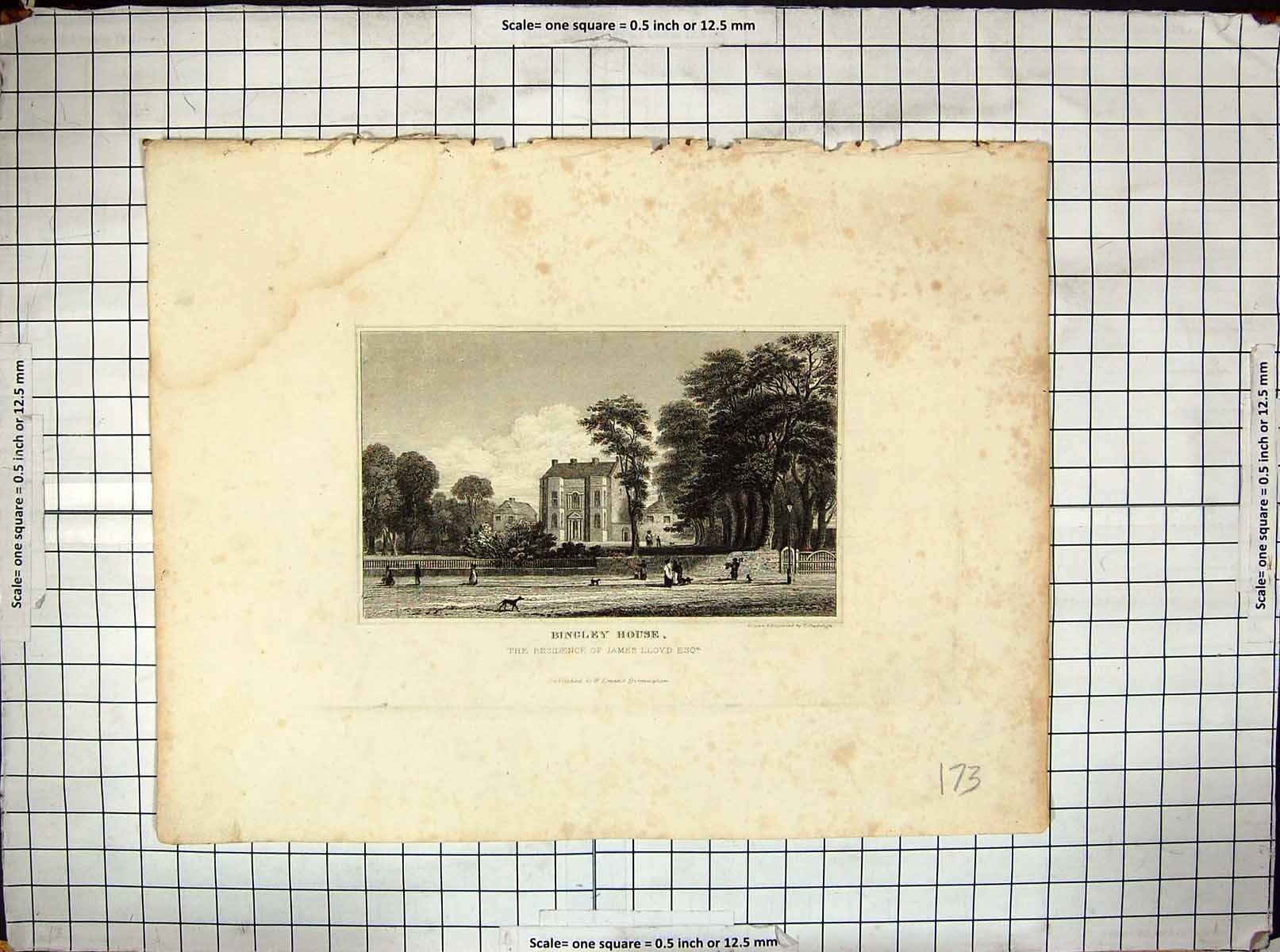 Antique Old Print Architecture Bingley House James Lloyd Engraving Radclyffe