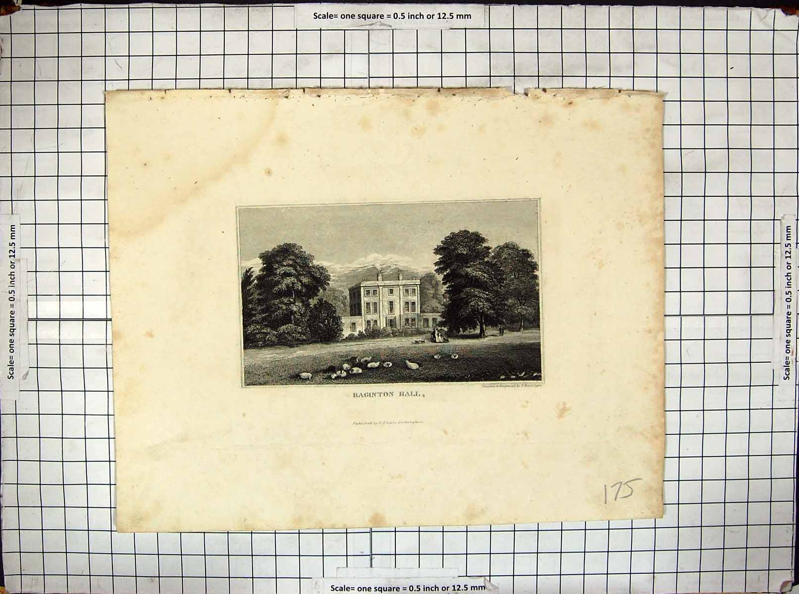 Original Old Antique Print Baginton Hall Architecture Engraving Radclyffe