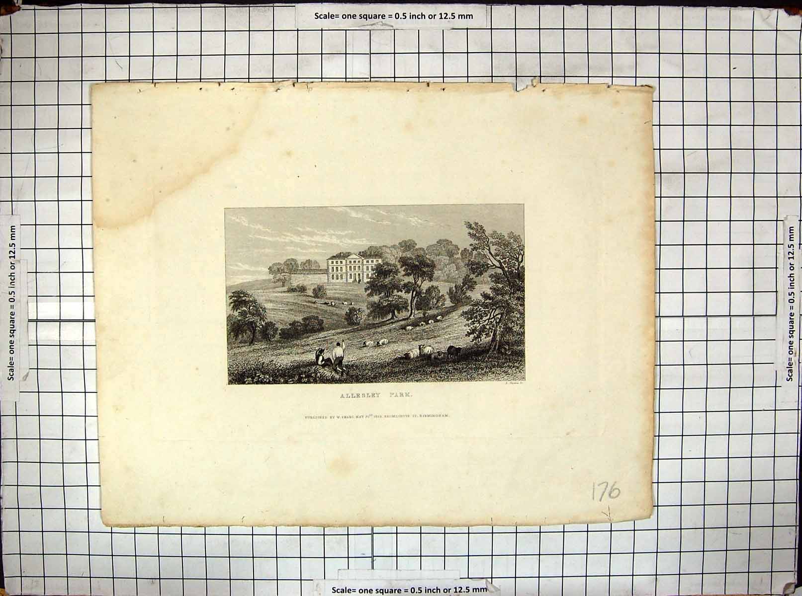 Old Print 1823 Allesley Park Mansion House Architecture Engraving Thomas 19th