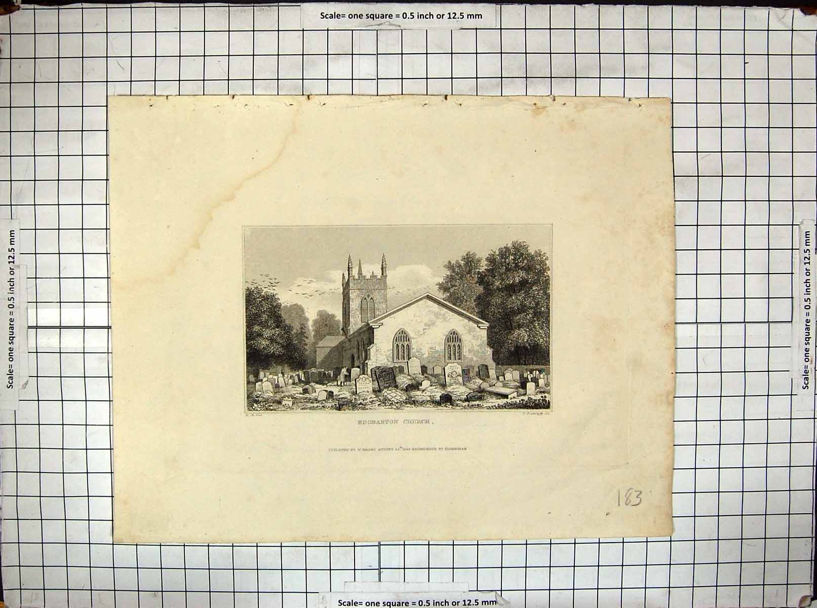 Old Antique Print 1829 Edgbaston Church Architecture Engraving Radclyffe 19th