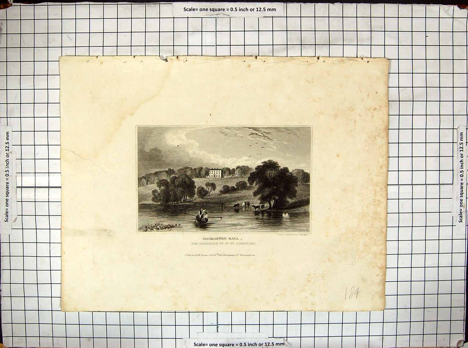 Antique Old Print 1829 Edgbaston Hall Johnstone Lake Boat Engraving Radclyffe