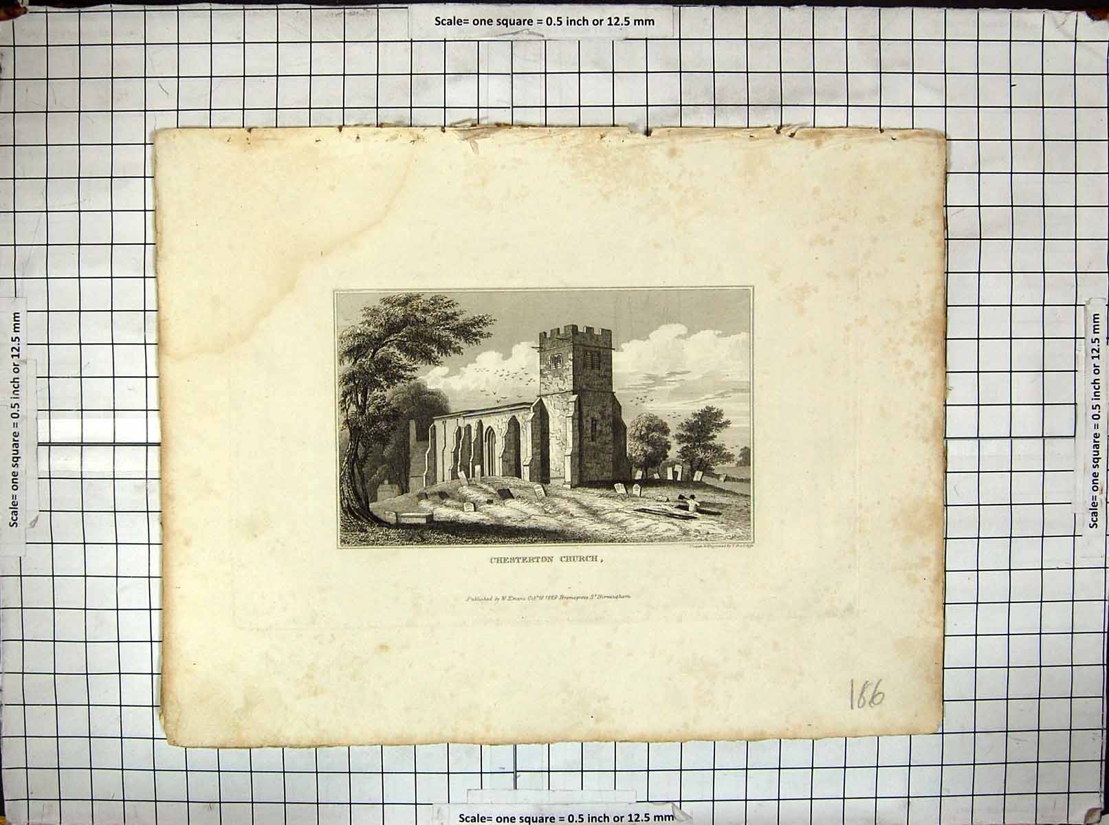 Old Antique Print 1829 Chesterton Church Architecture Engraving Radclyffe 19th