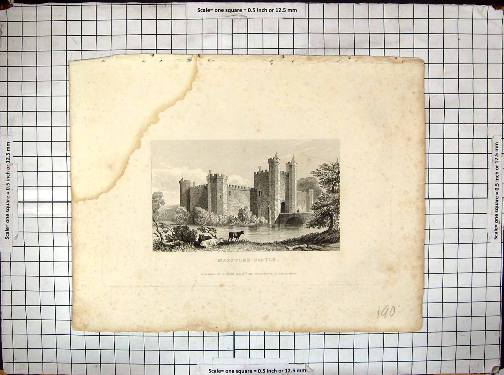 Original Old Antique Print 1829 Maxstoke Castle Architecture Engraving 19th