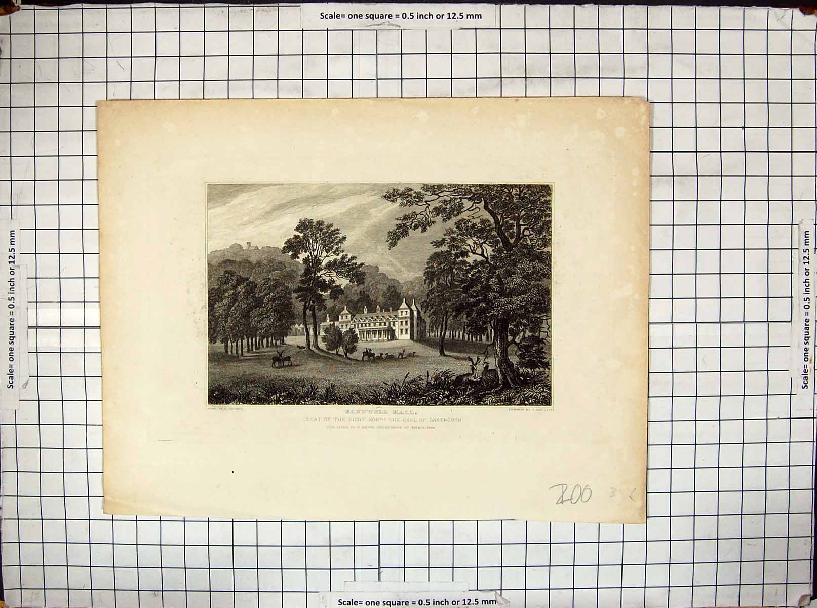 Antique Old Print Sandwell Hall Earl Dartmouth Architecture Engraving Calvert