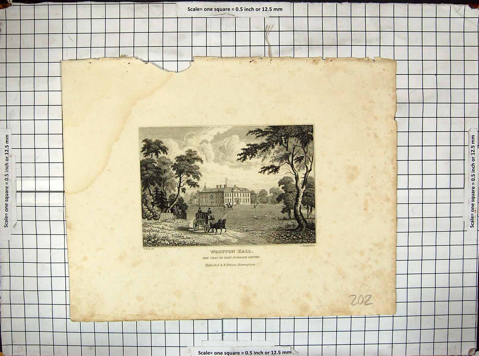 Antique Old Print Wooton Hall Lady Dowager Smith Architecture Shepherd Poole