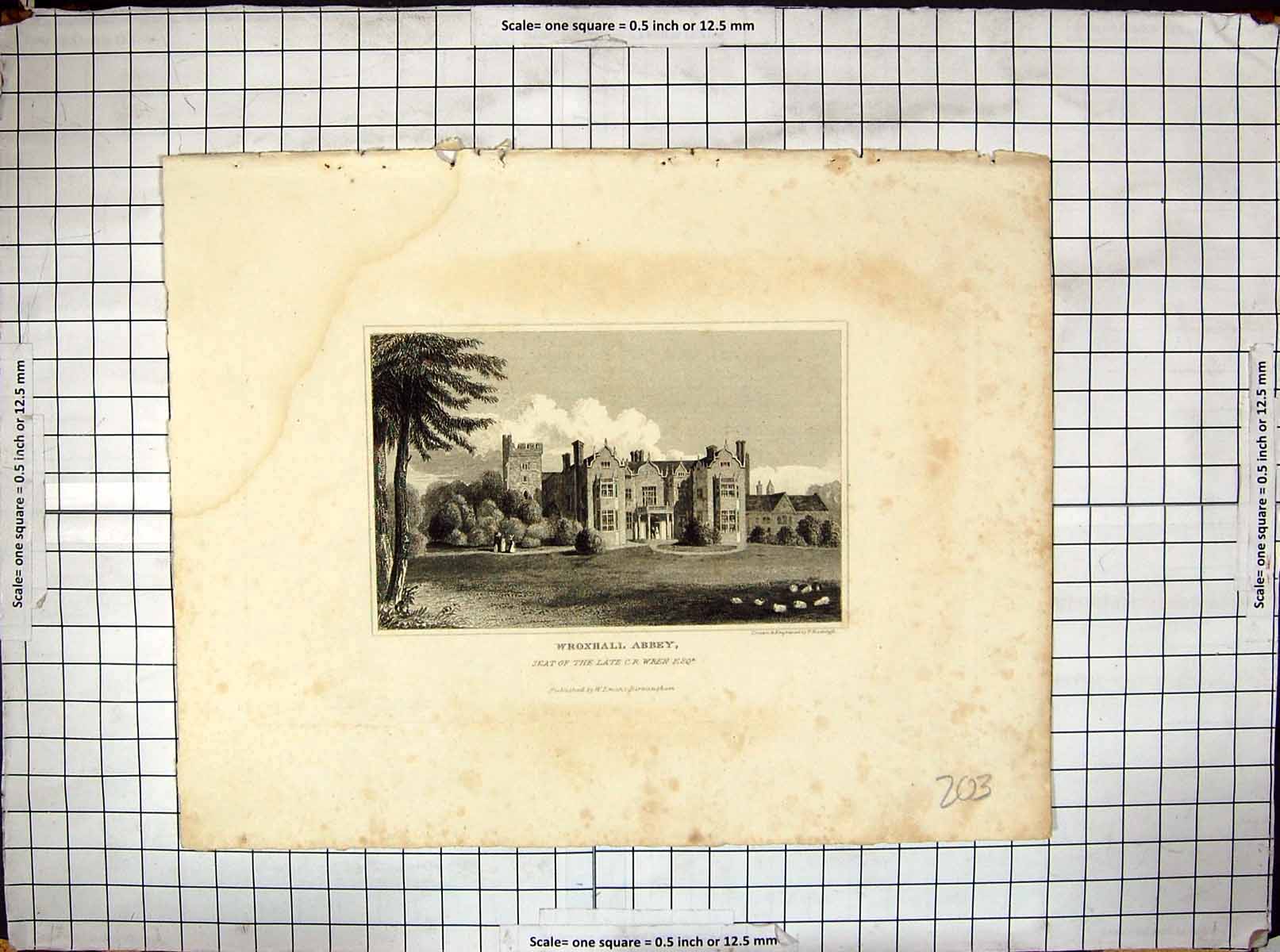 Original Old Antique Print Wroxhall Abbey Architecture Wren Radclyffe Engraving