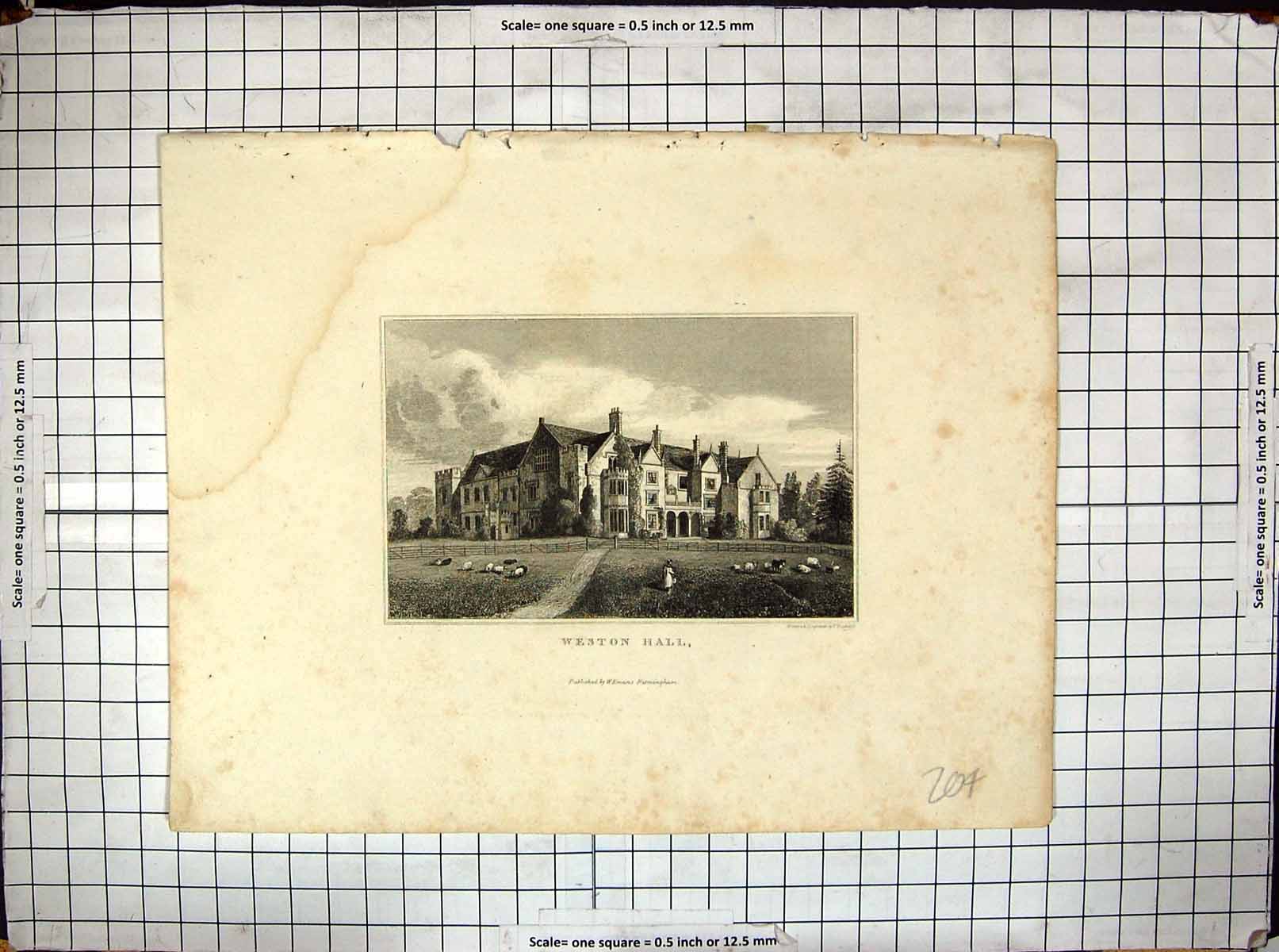 Original Old Antique Print Weston Hall Architecture Engraving Radclyffe