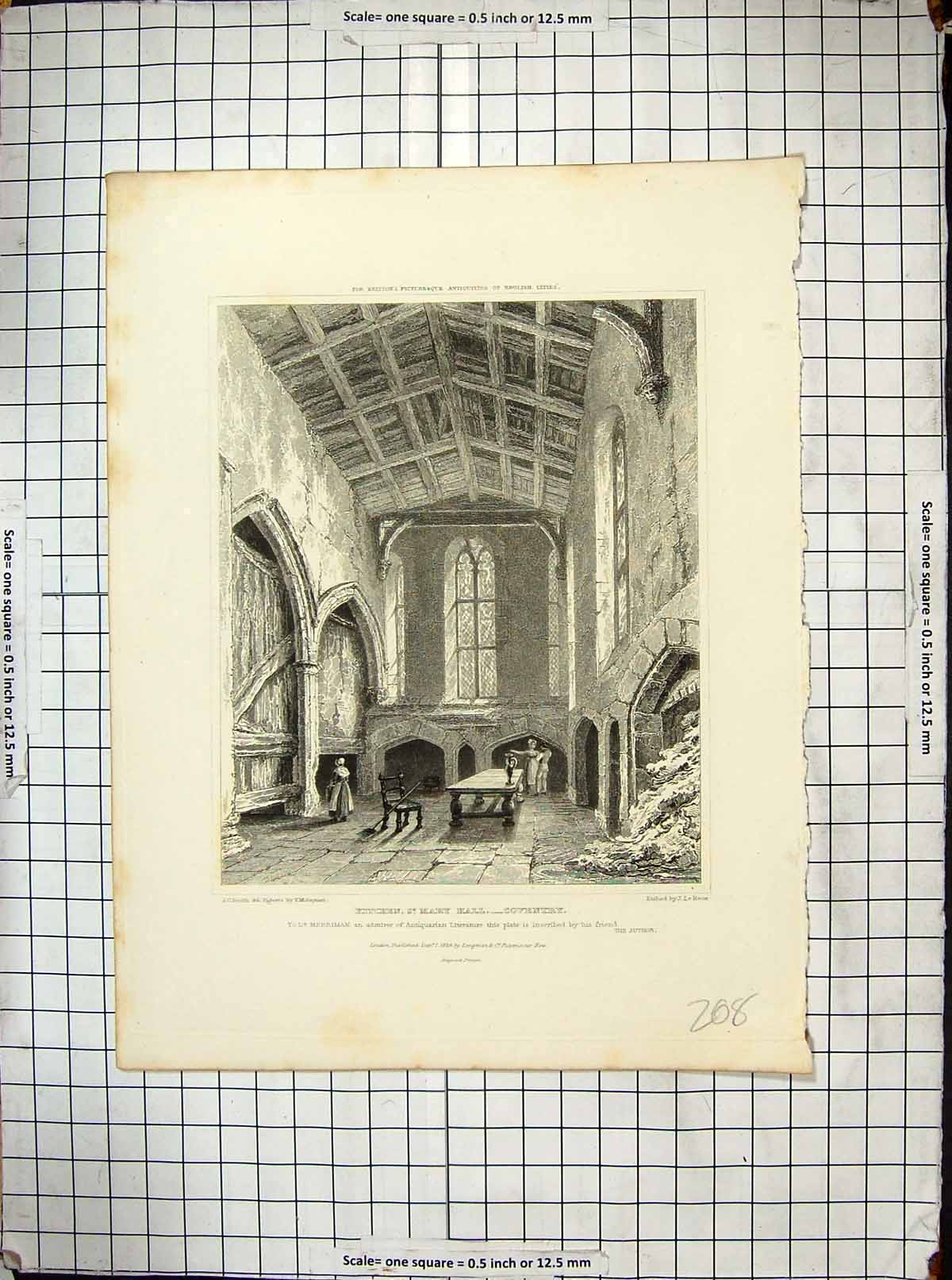Antique Old Print 1829 Kitchen St. Mary Hall Coventry Engraving Keux Smith 19th