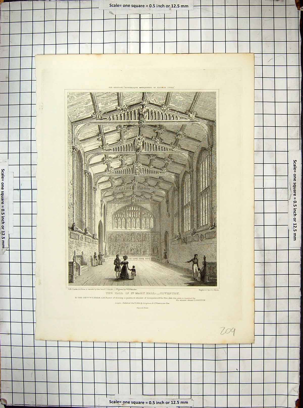 Original Old Antique Print St. Mary Hall Coventry 1829 Engraving Keux Clarke