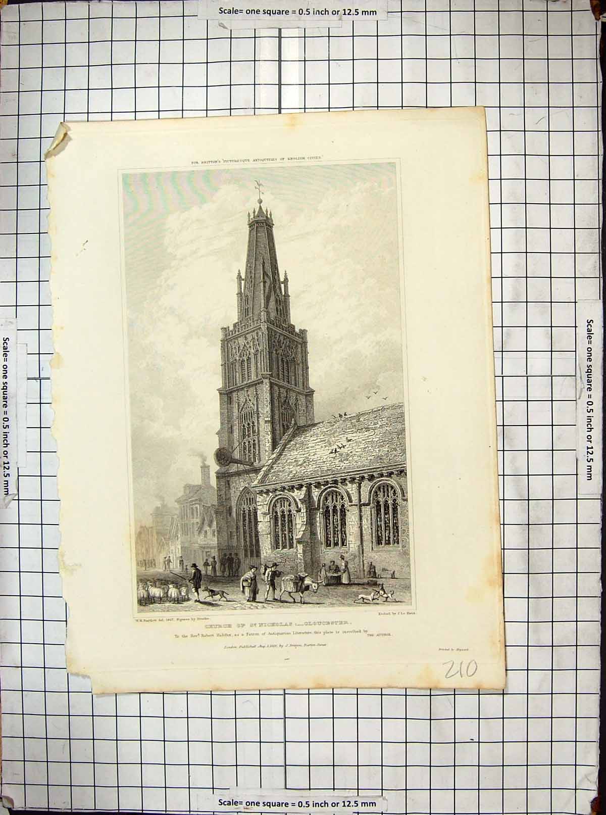 Old Print 1828 Church St. Nicholas Gloucester Architecture Keux Bartlett 19th