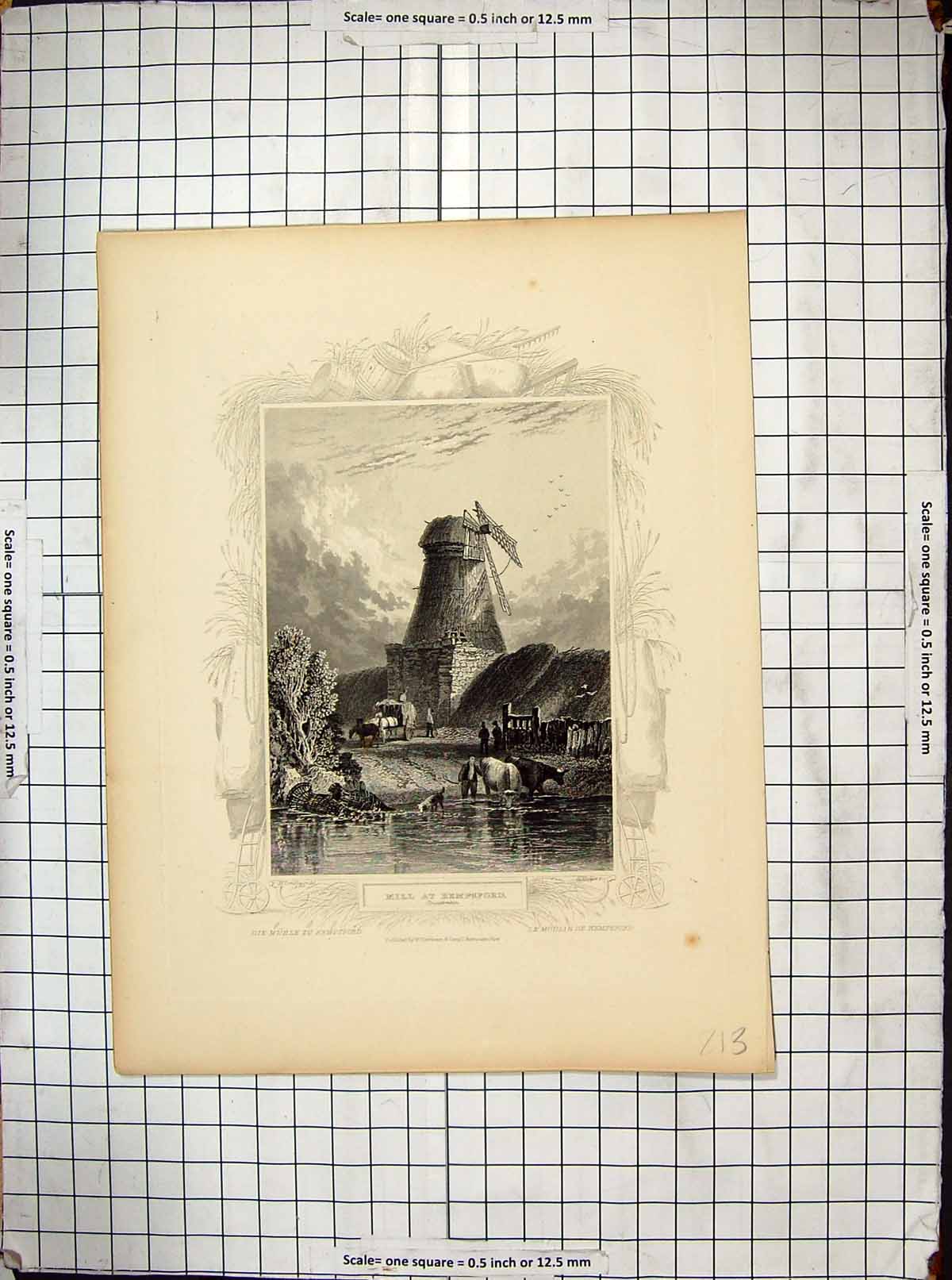 Original Old Antique Print Mill Kempsford Gloucestershire England Wind-Mill