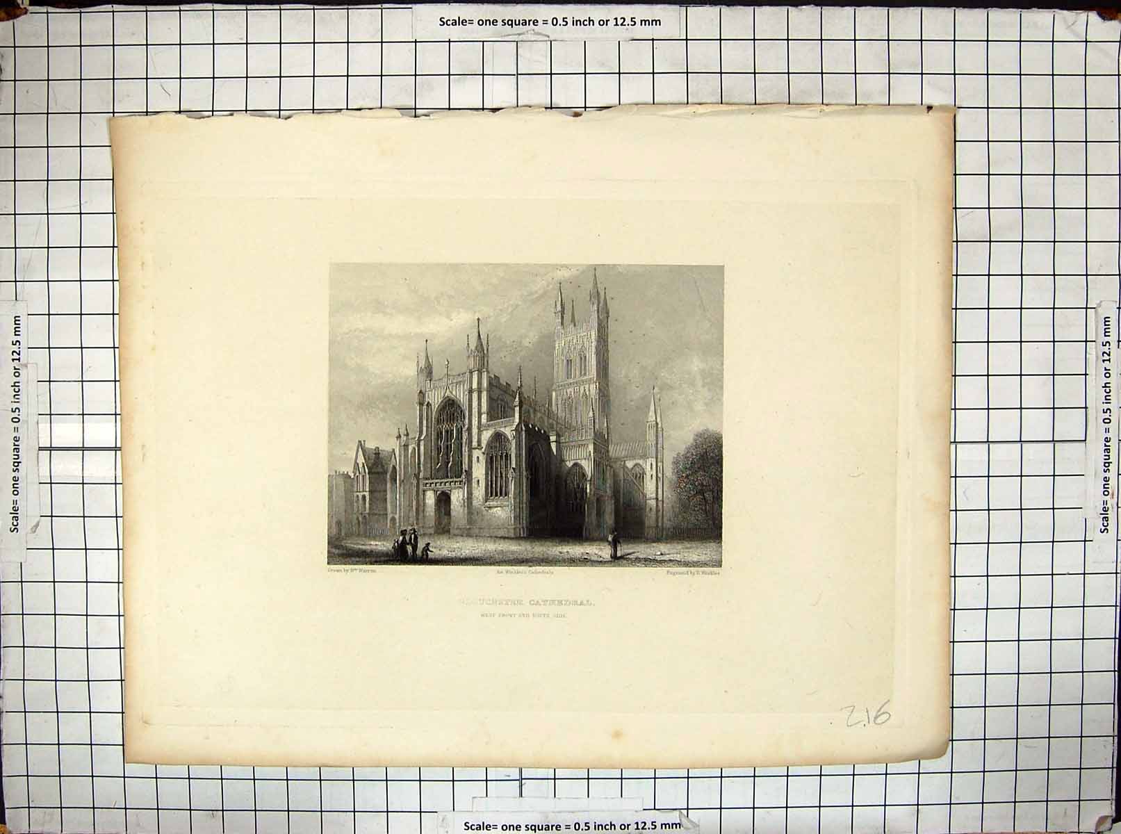 Antique Old Print Gloucester Cathedral Architecture Winkles Warren Engraving