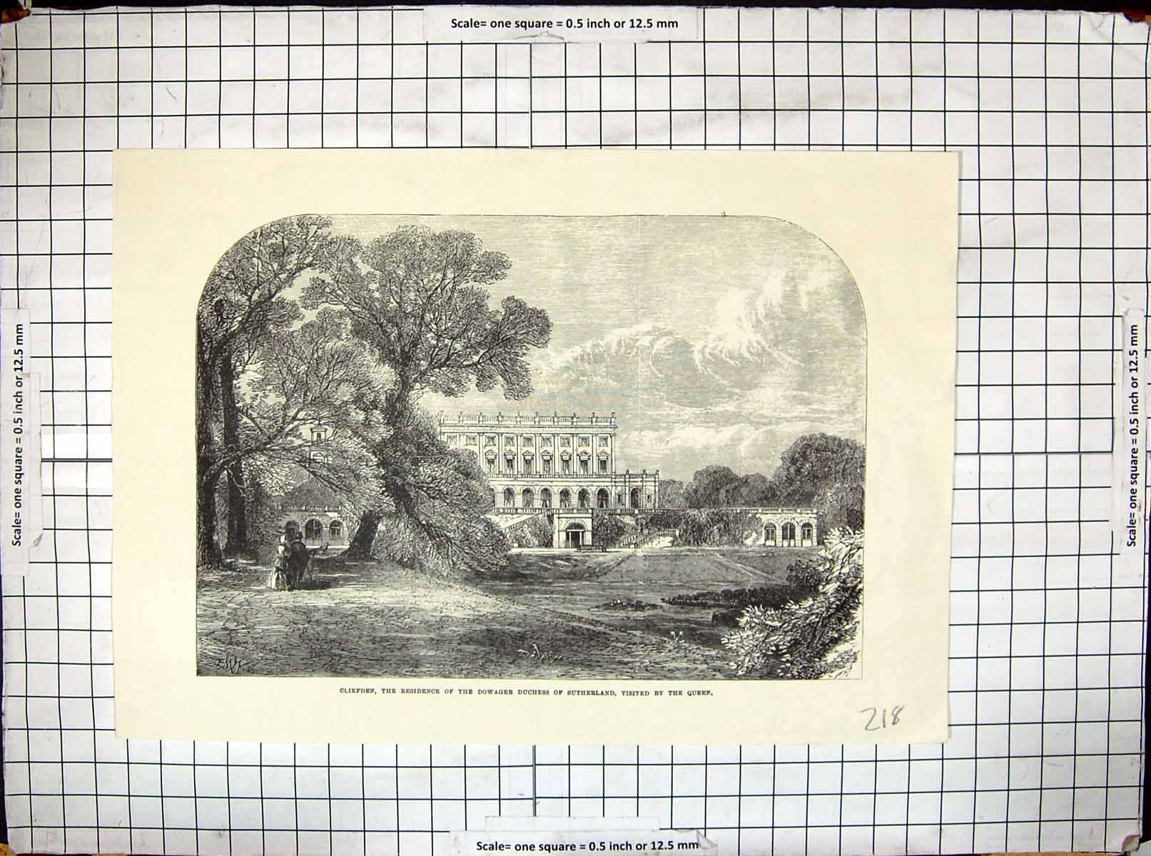 Original Old Antique Print Cliefden Dowager Duchess Sutherland Architecture