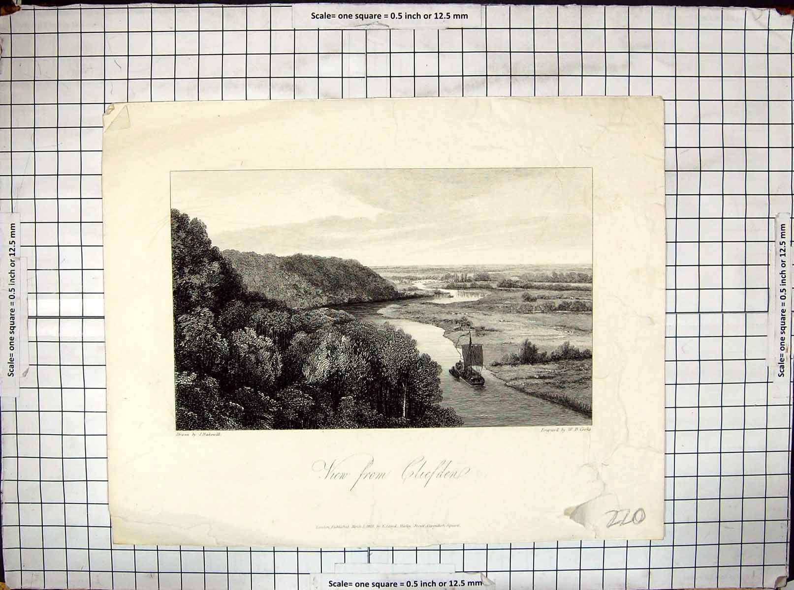 Antique Print 1813 View Cliefden Trees River Boat Engraving Cooke Hakewill 19th