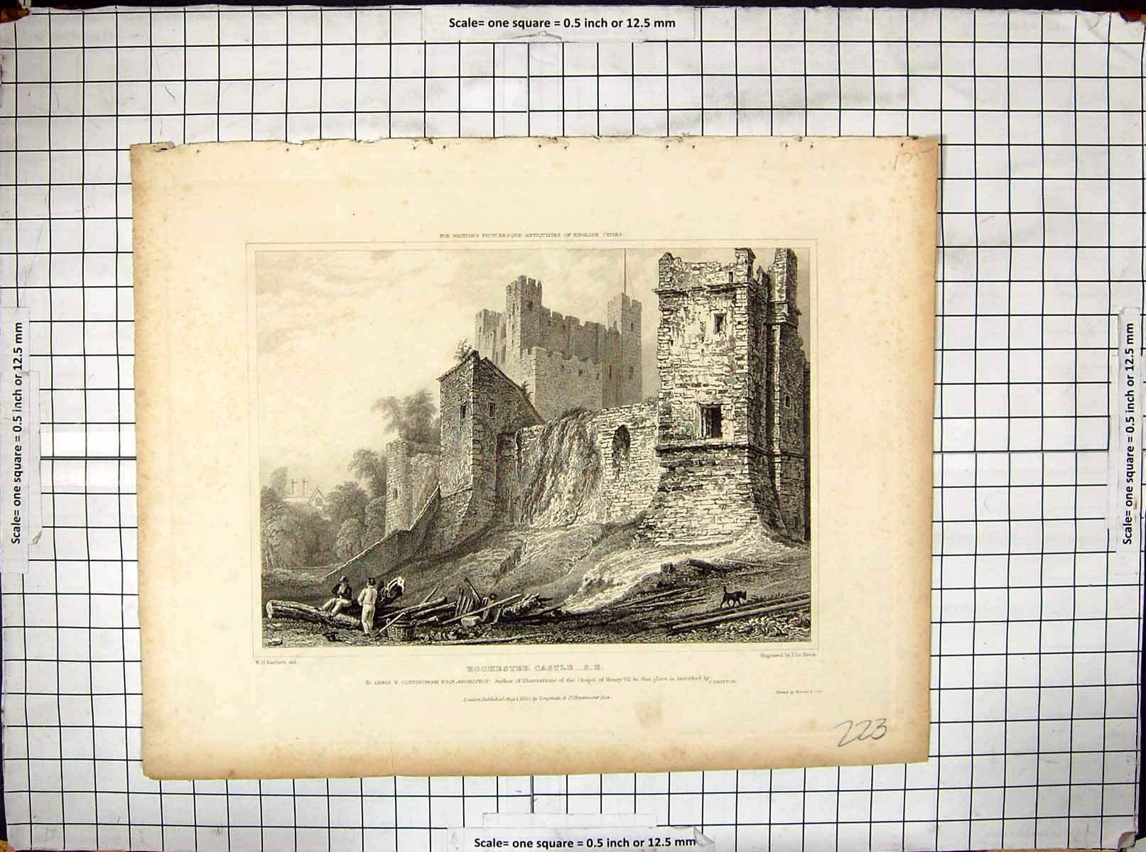 Old 1830 Rochester Castle Architecture Ruins Engraving Keux Bartlett 19th