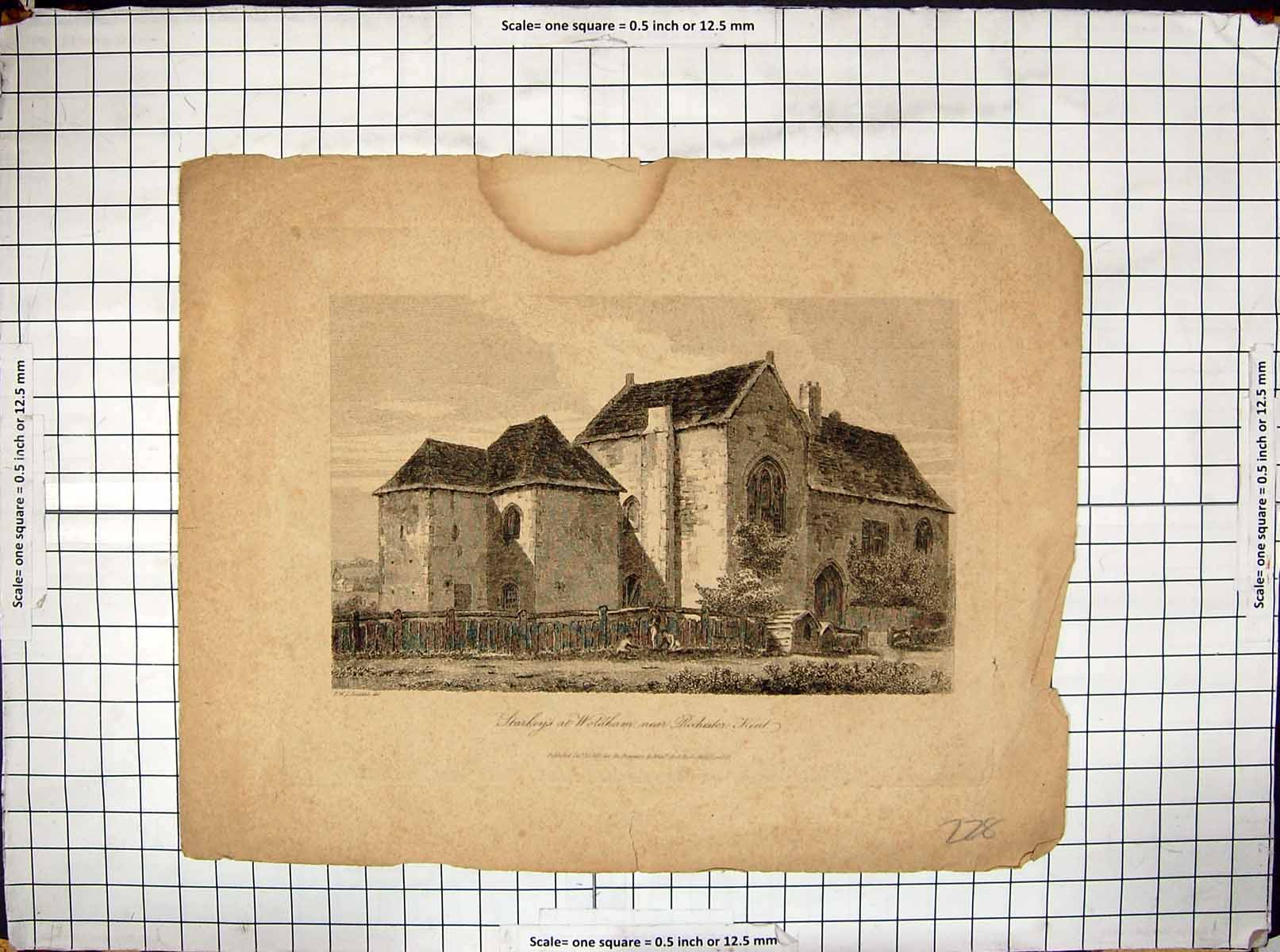 Original Old Antique Print Starkeys Waham Rochester Kent 1810 Architecture 19th