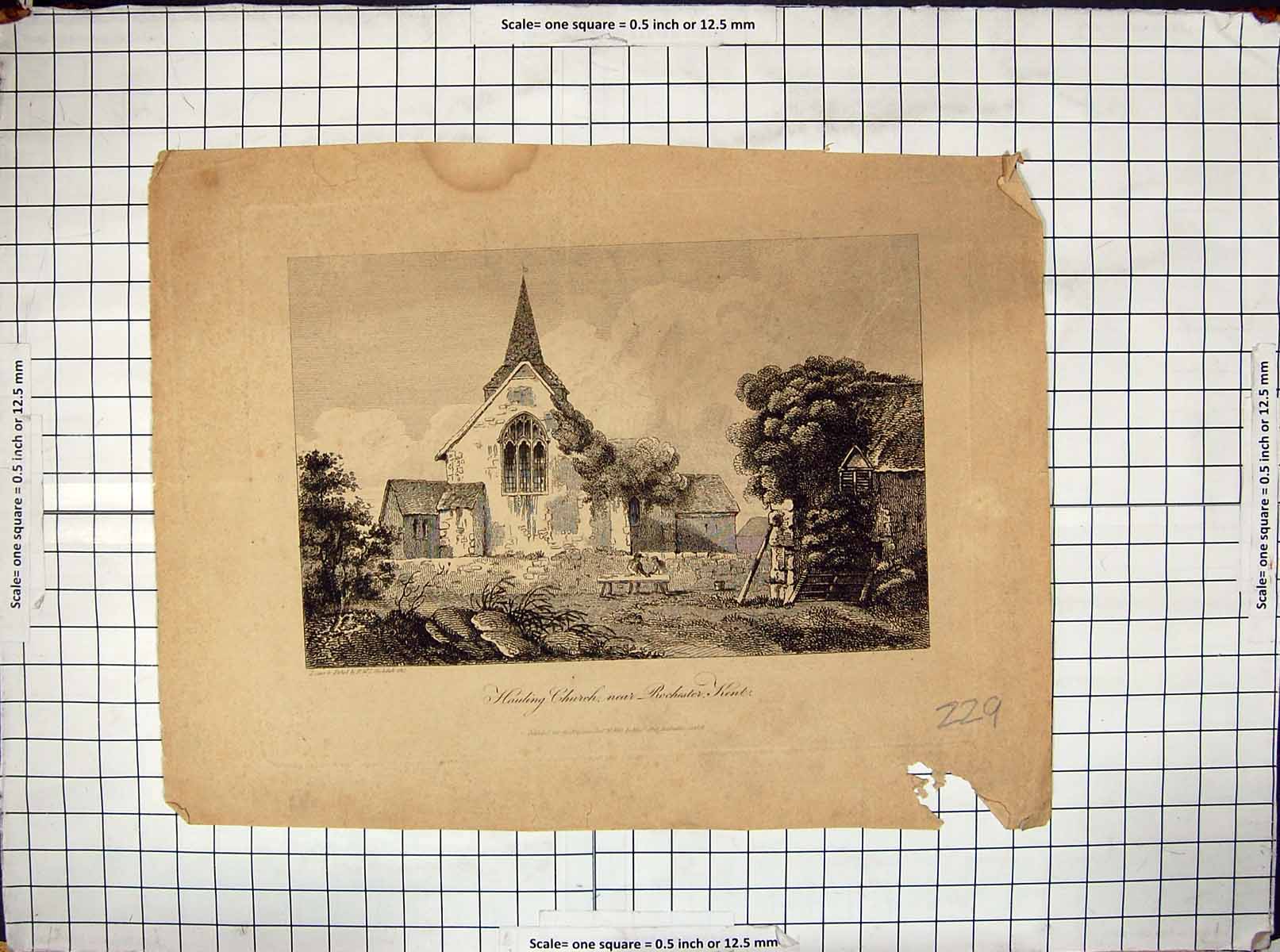 Original Old Antique Print 1810 Ruins Hauling Church Rochester Kent England