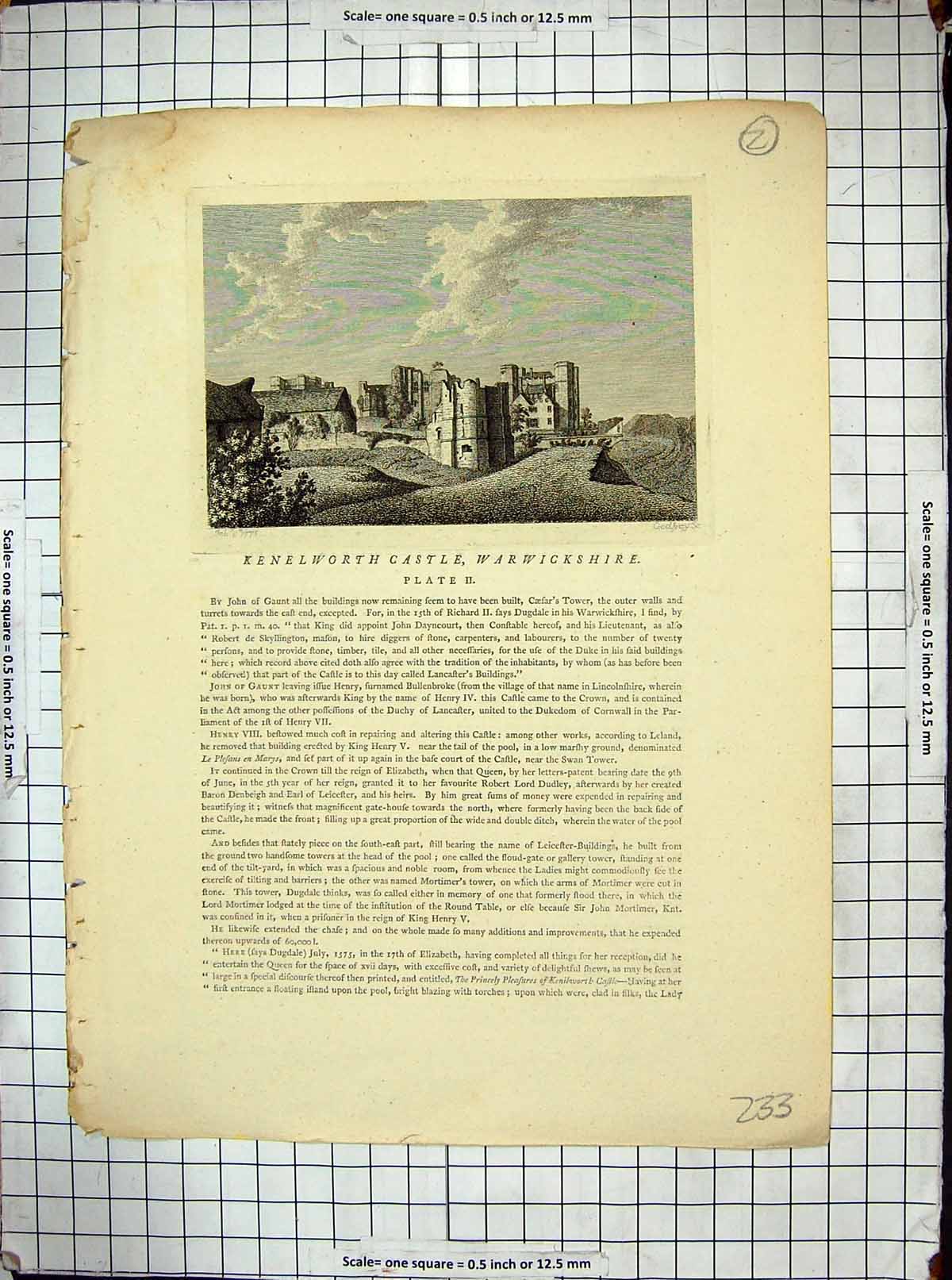 Old Antique Print Kenelworth Castle Warwickshire Architecture John Gaunt