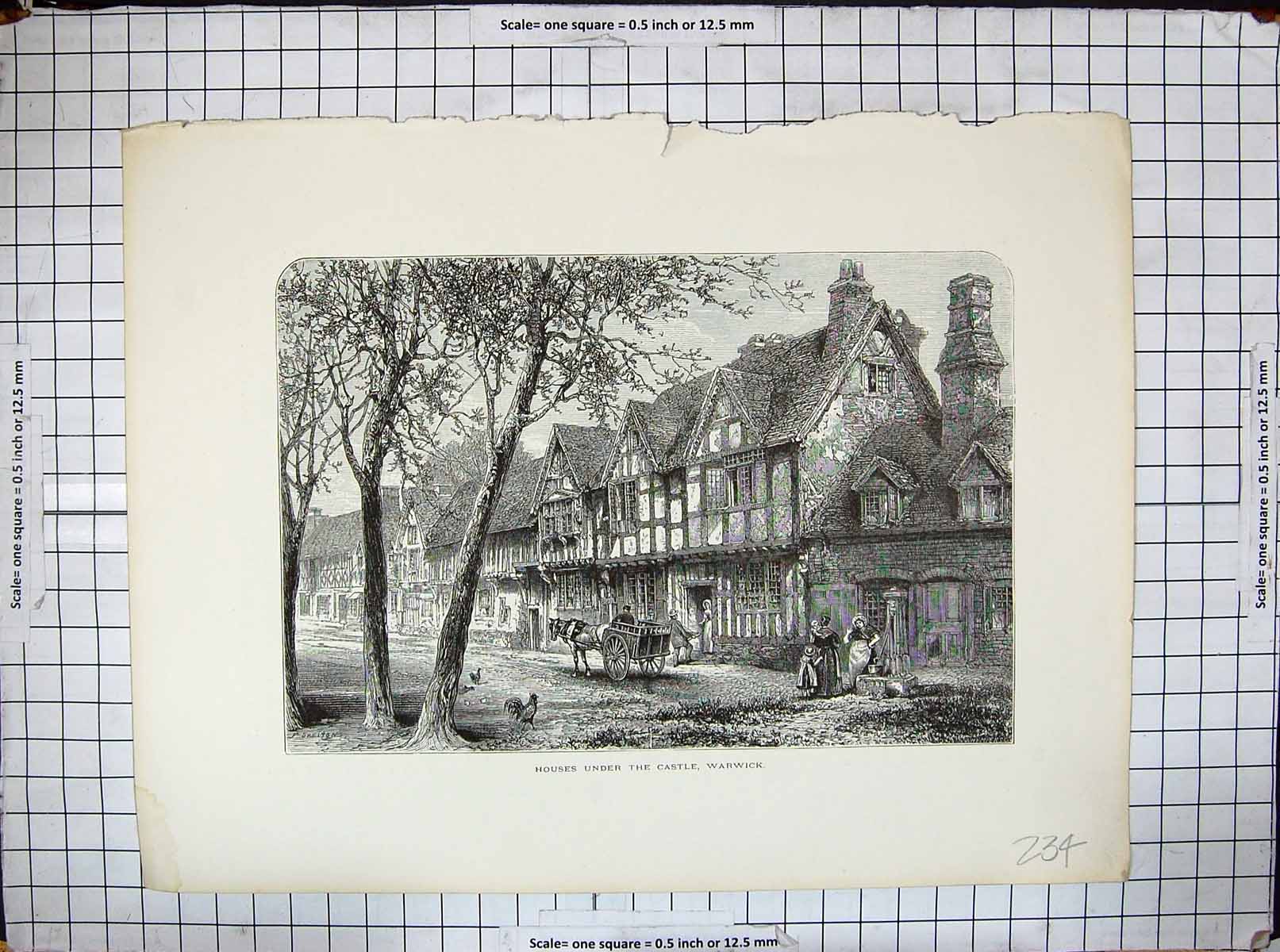 Original Old Antique Print Street Scene Houses Under Warwick Castle England