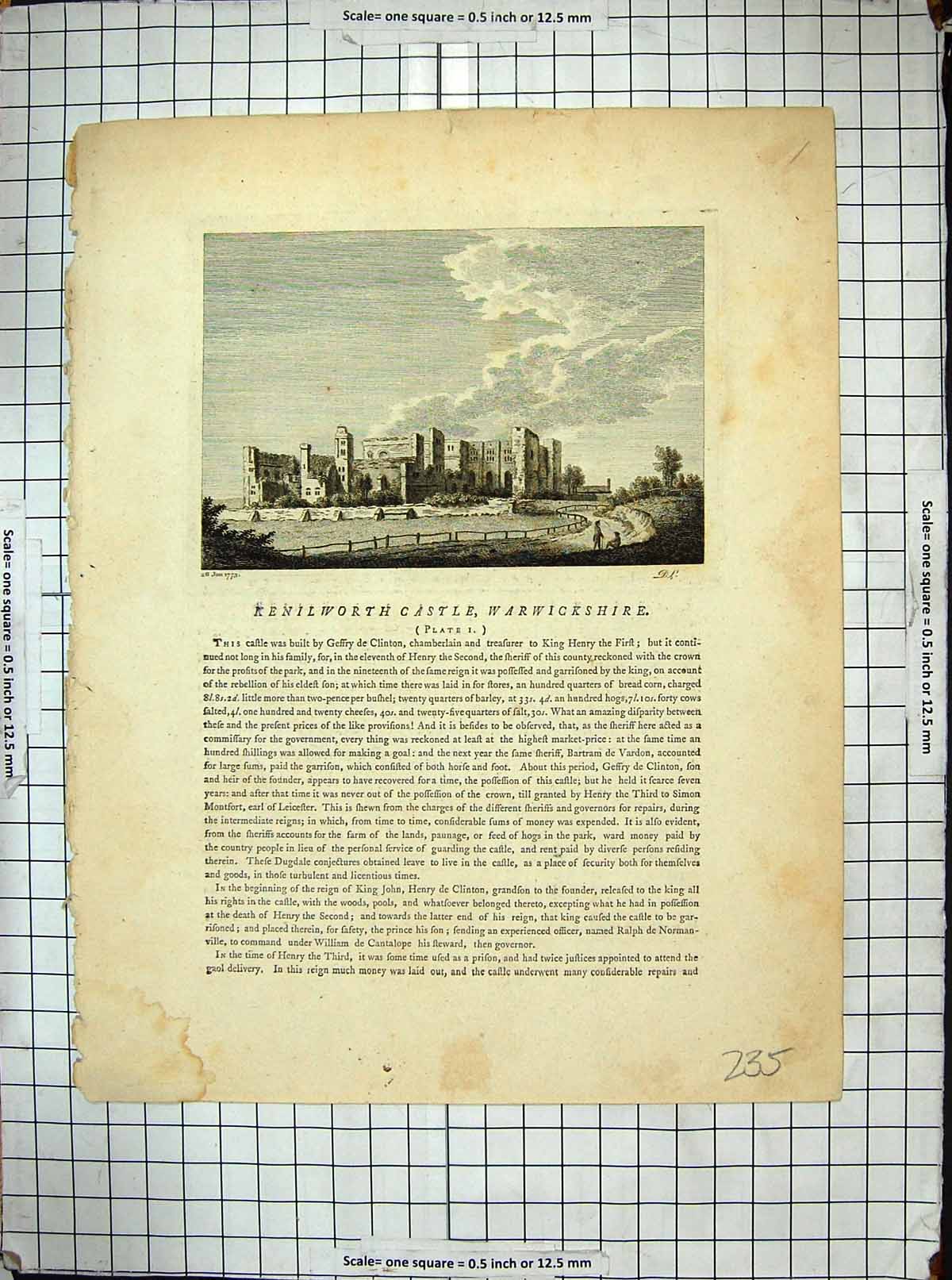 Original Old Antique Print 1773 Kenilworth Castle Warwickshire Engraving 18th