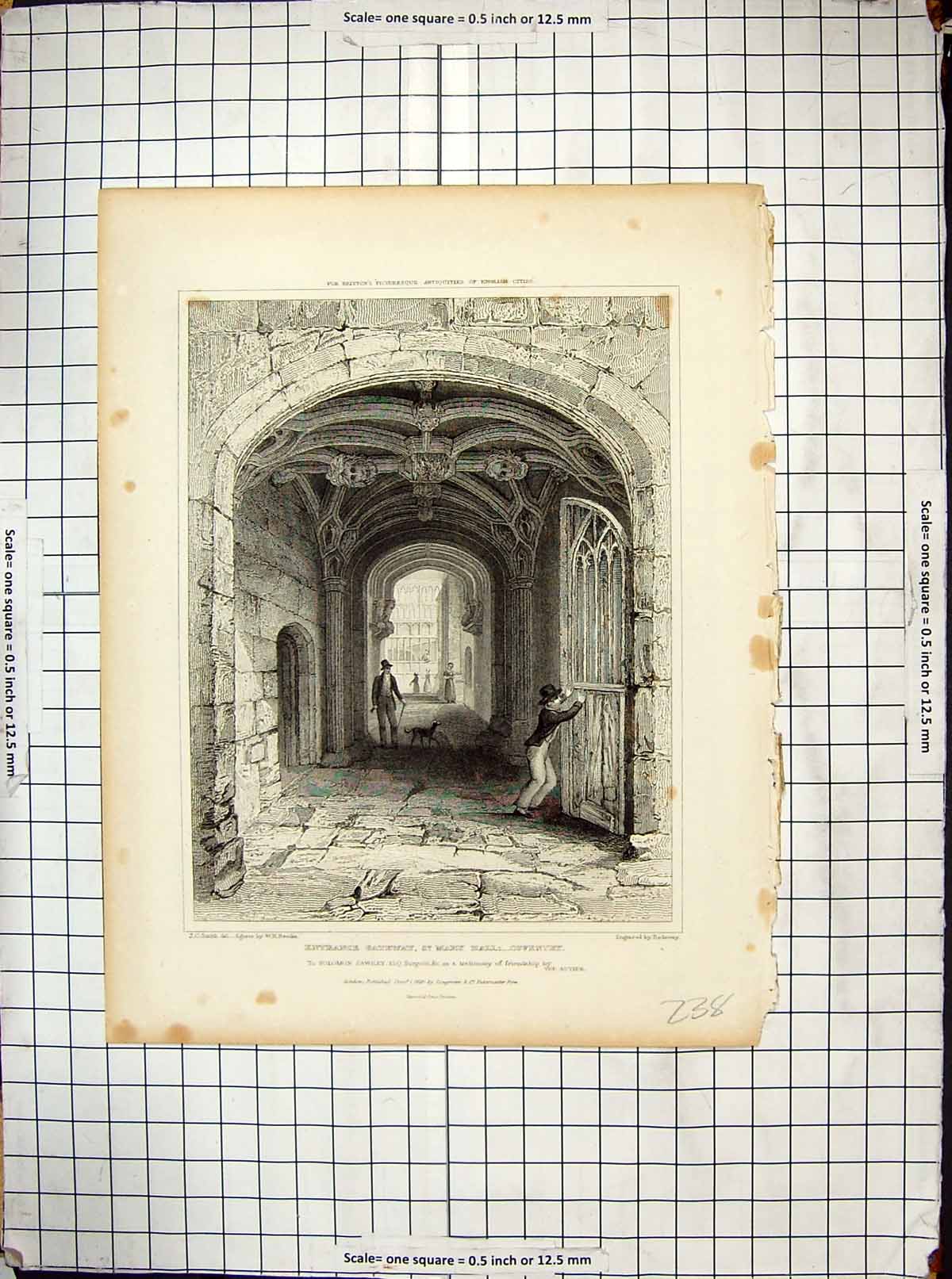Antique Old Print 1829 Entrance Gateway St. Mary Hall Coventry Smith Redaway
