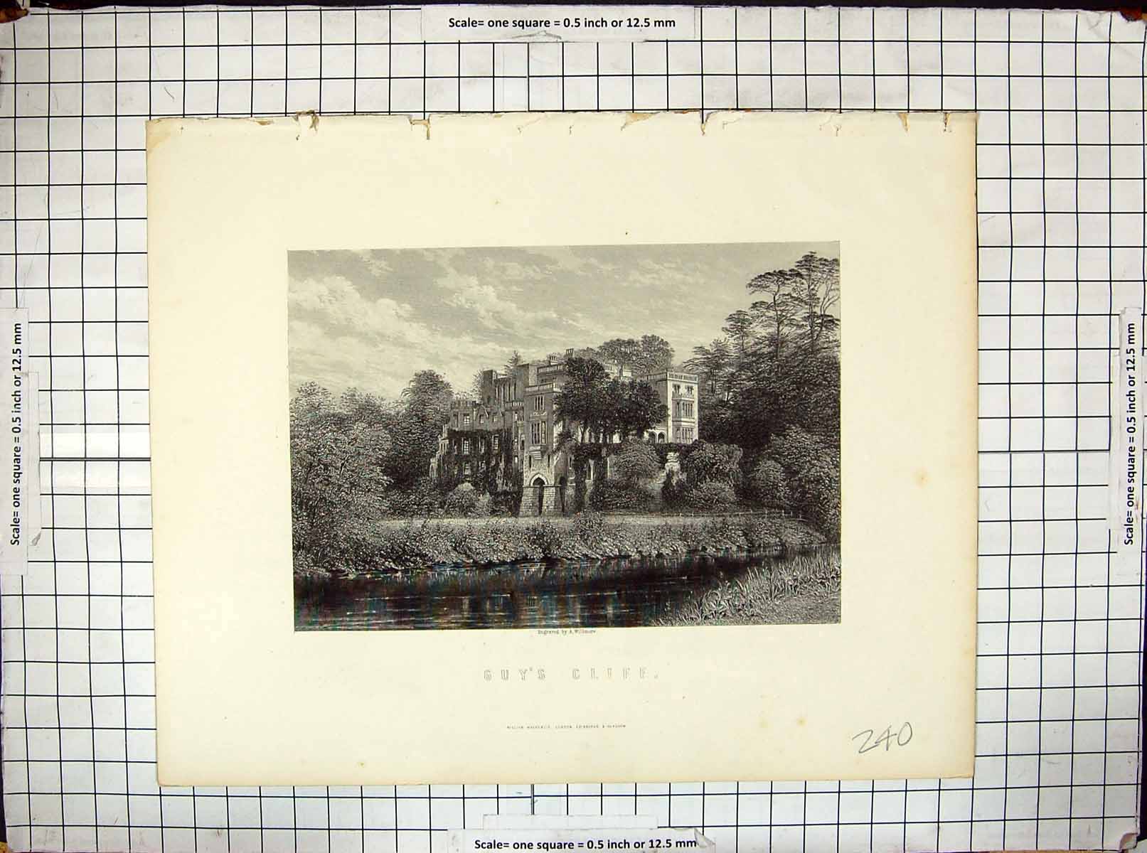 Original Old Antique Print Architecture Guy'S Cliff Engraving Willmore