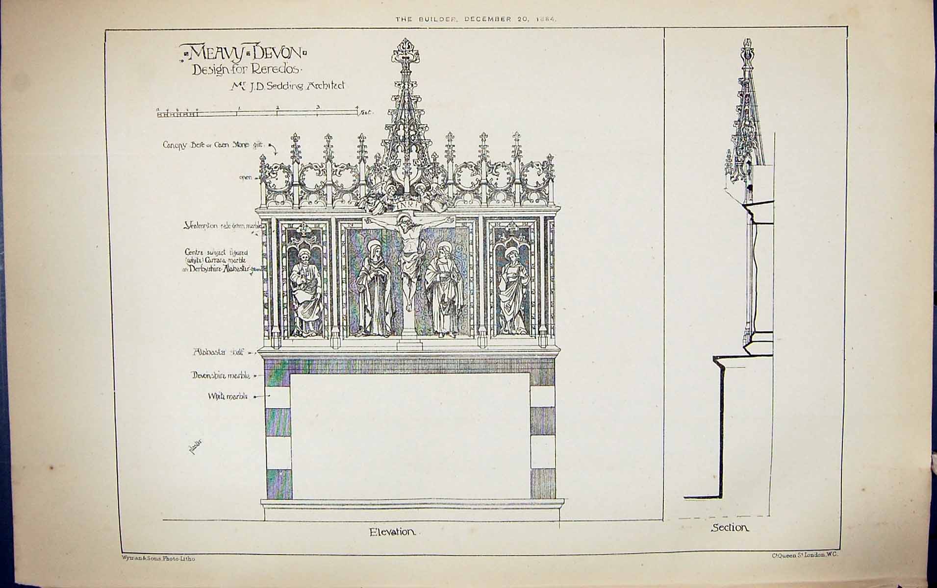 Antique Print Meavy Devon Design Reredos Sedding Building 1884 Architecture