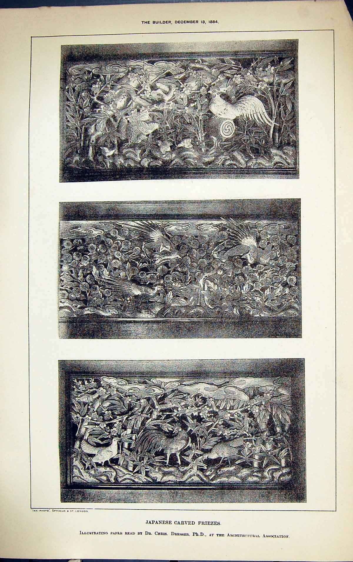 Antique Old Print Japanese Carved Friezes Chris Building 1884 Architecture 19th
