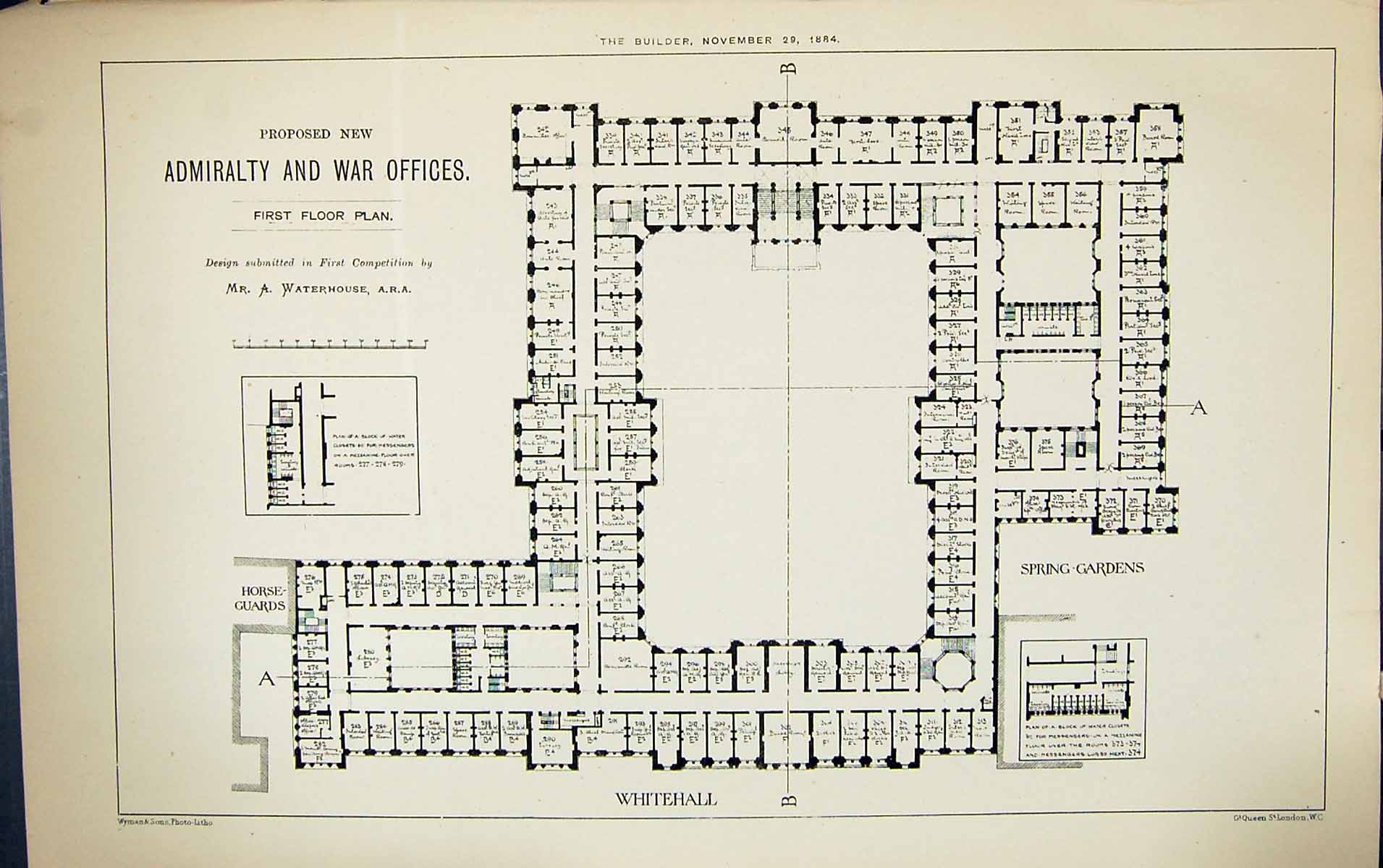 Old Plan Admiralty War Fices Whitehall Waterhouse Building 1884 Archi Victorian
