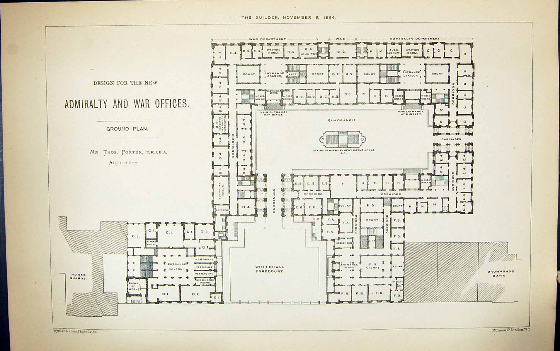 Old Plan Admiralty War Fices Whitehall Drummonds Building 1884 Archit Victorian