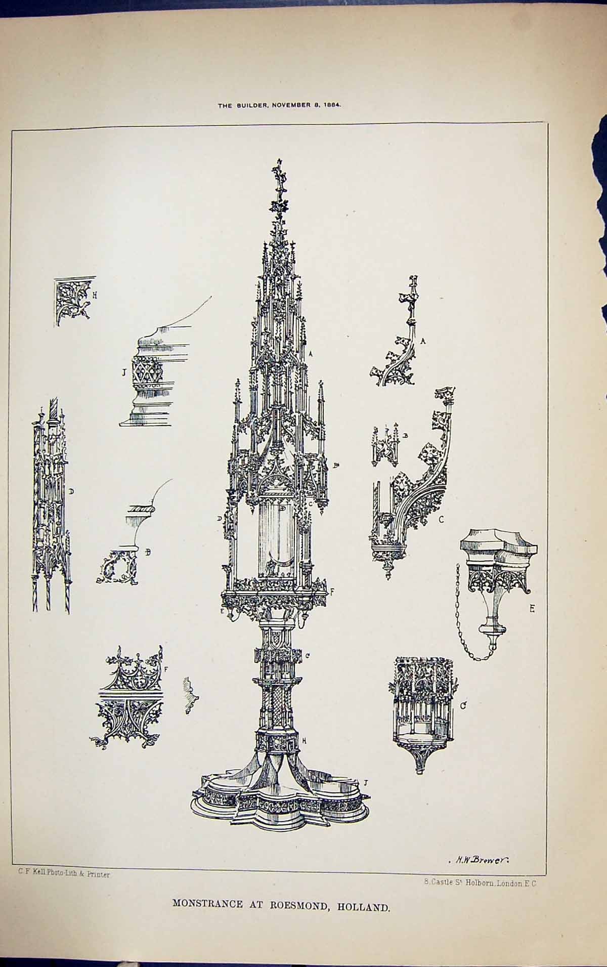 Old Antique Print Monstrance Roesmond Holland Building 1884 Castle Kell 19th