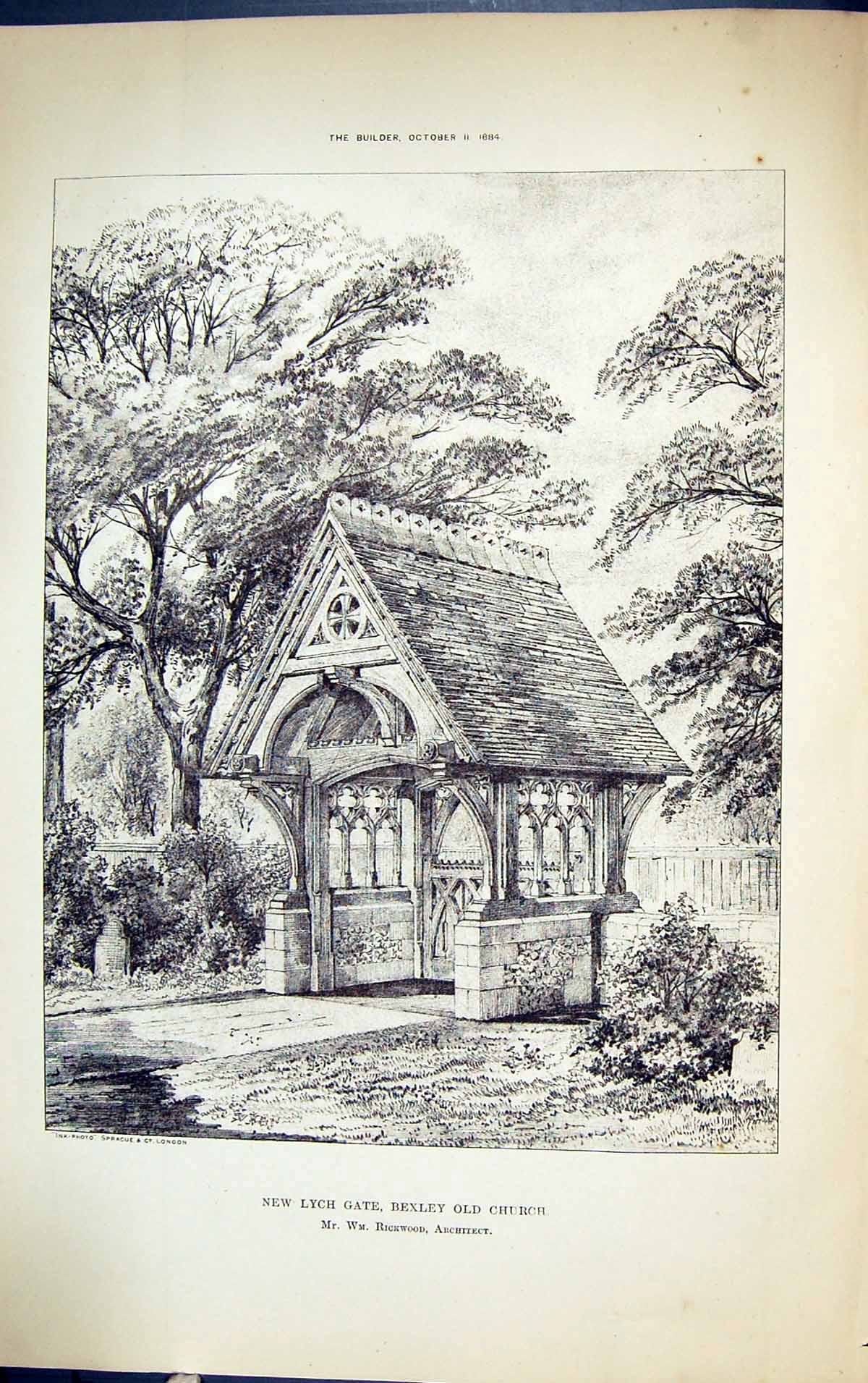 Antique Old Print Lych Gate Bexley Church Rickwood Building 1884 Architecture