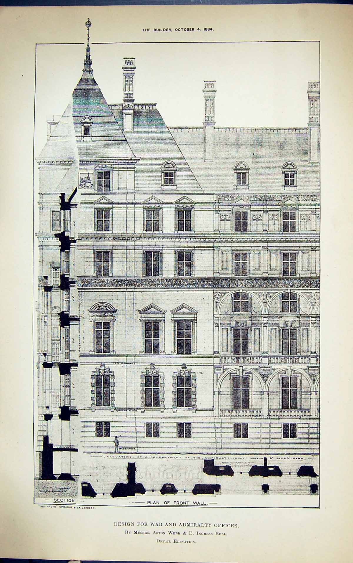 Old Design War Admiralty Fices Aston Webb Ingress Bell Building 1884 Victorian