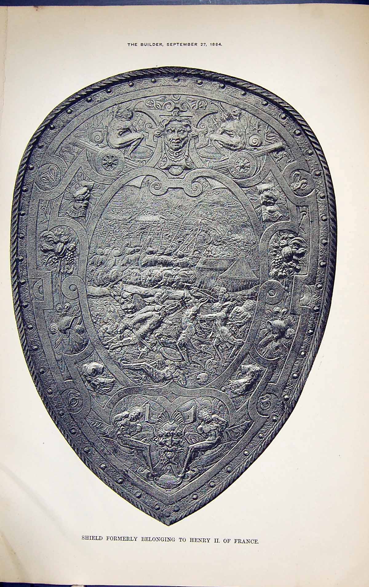 Old Antique Print Building 1884 Shield Formerly Belonging Henry Ii France 19th