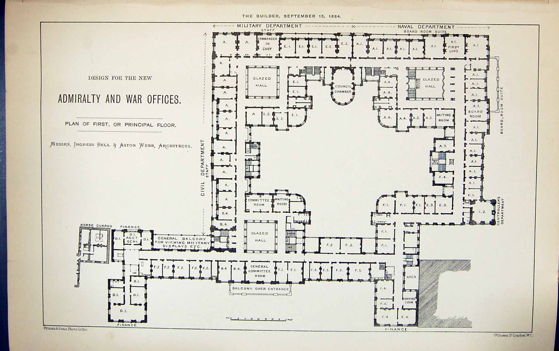 Old Plan Admiralty War Fices Ingress Bell Aston Webb Building 1884 Ar Victorian