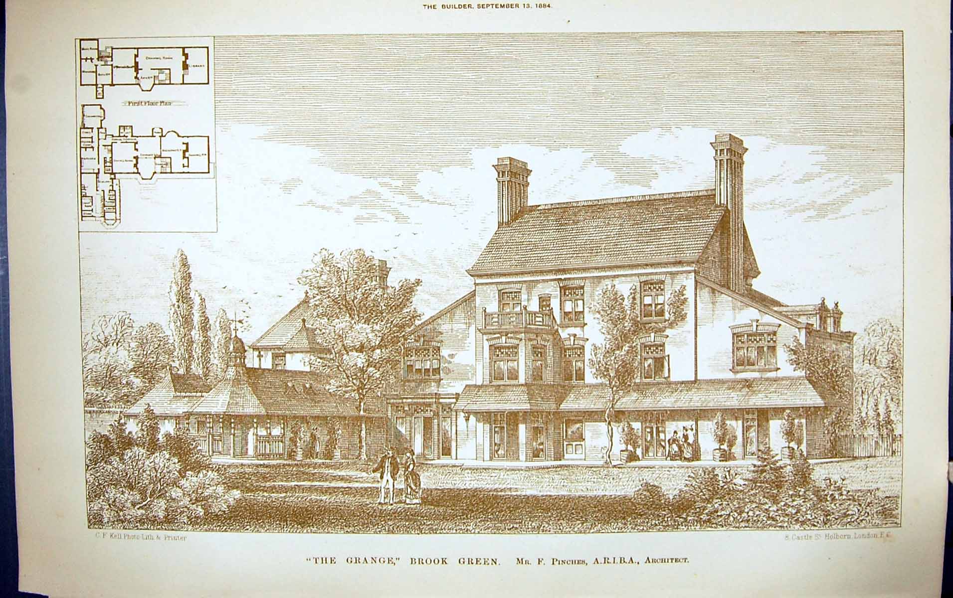 Old Antique Print Grange Brook Green Pinches Building 1884 Architecture 19th