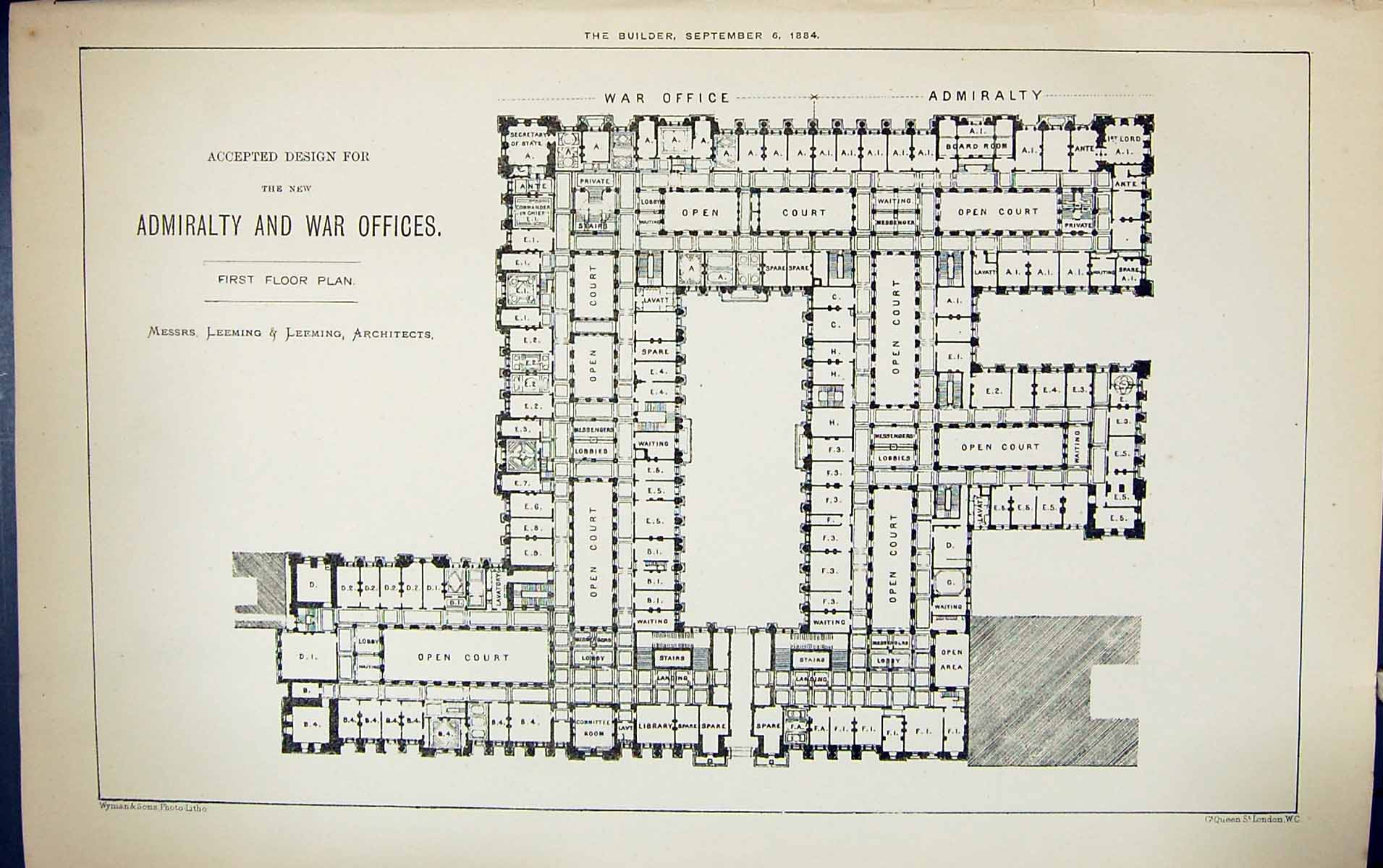 Old First Floor Plan Admiralty War Fices Leeming Building 1884 Archit Victorian