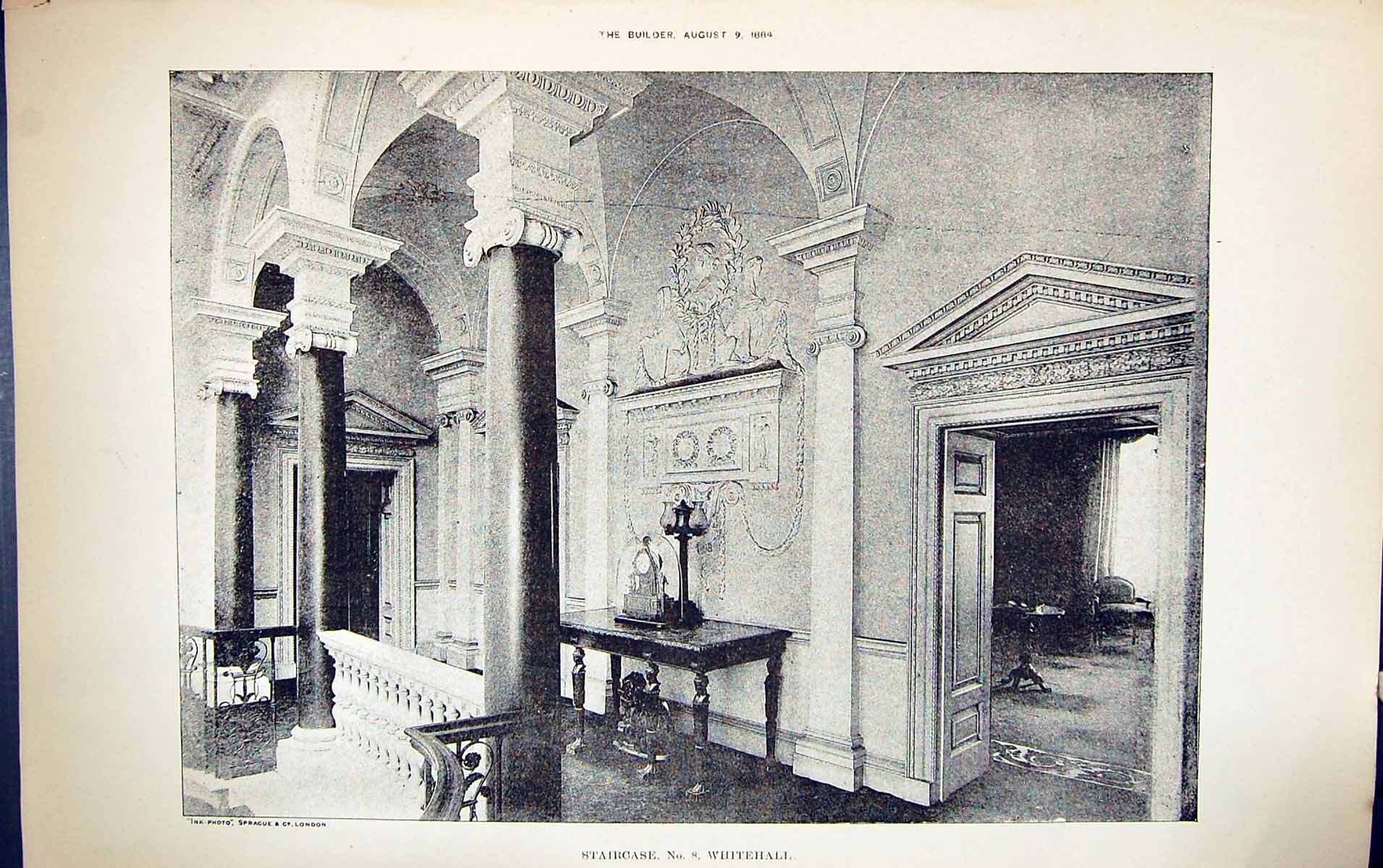 Old Print Interior Staircase Whitehall London Building 1884 Architecture 19th