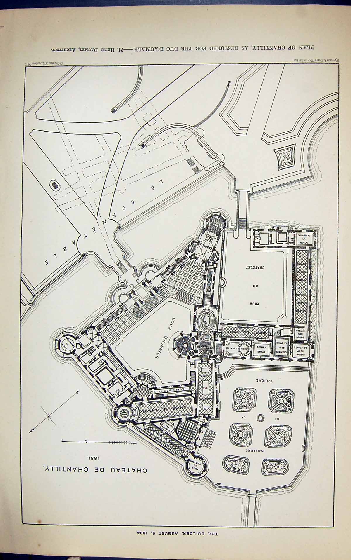 Old Plan Chateau Chantilly Duc D'Aumale Henri Daumet Building 1884 Ar Victorian